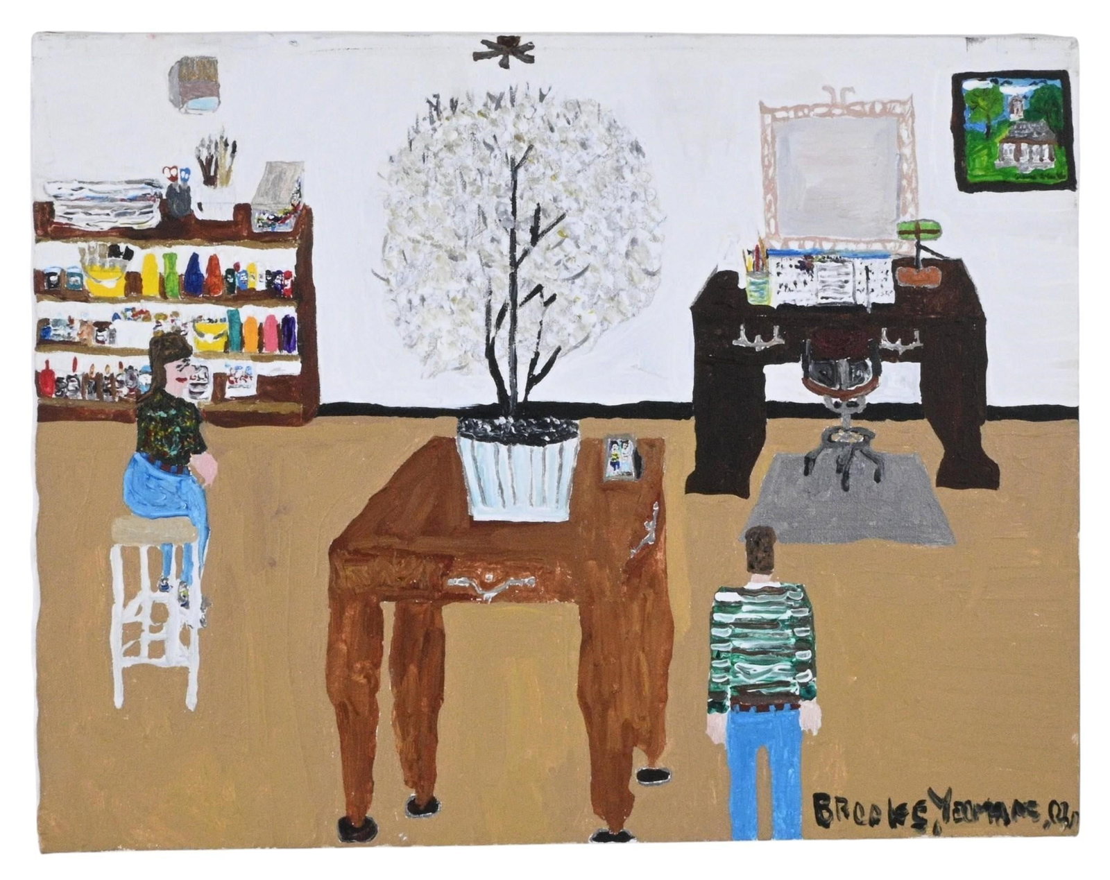 Brooks Yeomans. The Money, Moon, Tree Tradition Painting: Brooks Yeomans. (b. 1957) The Money, Moon, Tree Tradition Painting. 2002. Signed, Dated, and Titled. Paint on canvas. Brooks began painting and drawing after being placed in a specialized institution