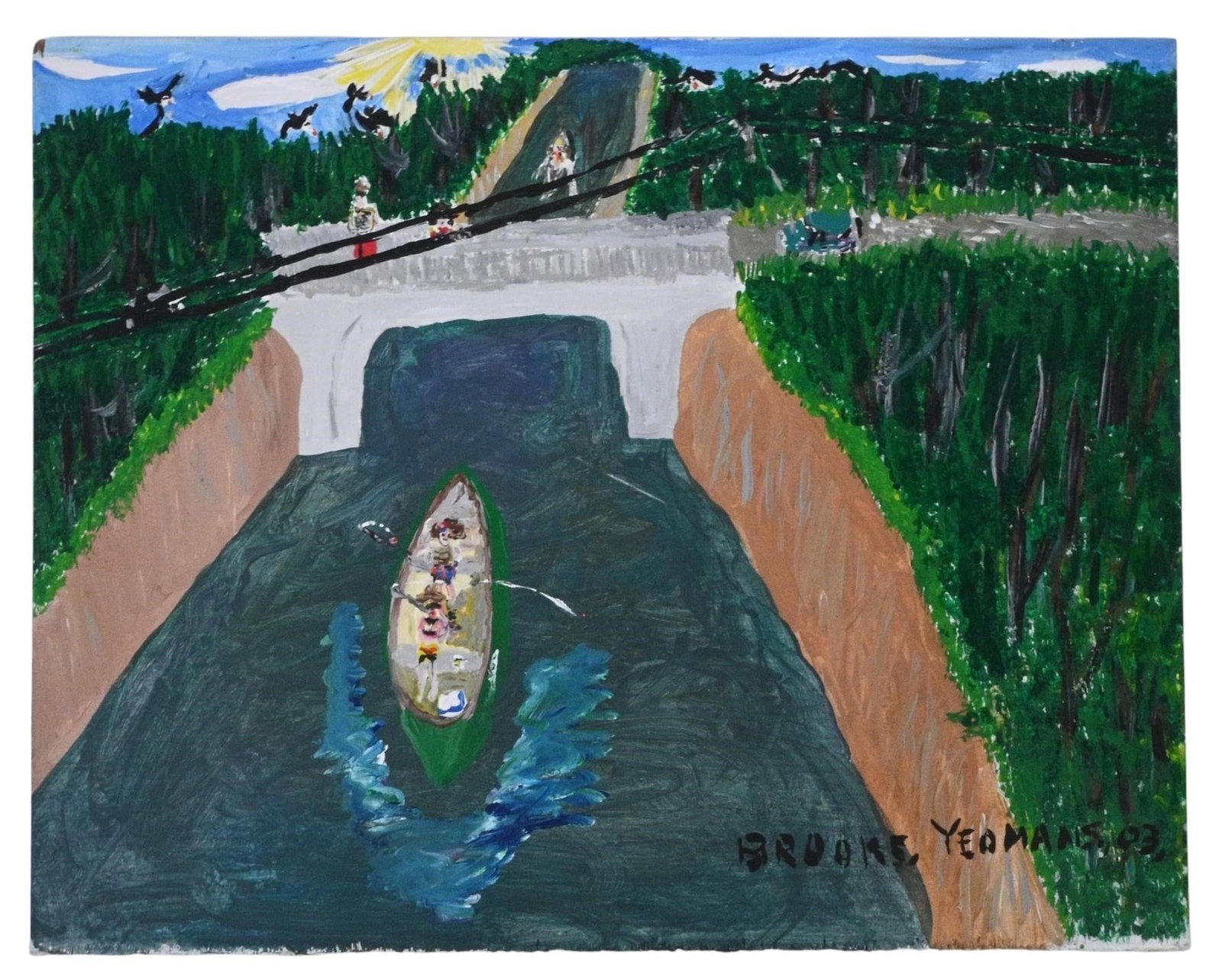 Brooks Yeomans. Canoe Ride Out West Doing Some Fishing: Brooks Yeomans. (b. 1957) Canoe Ride Out West Doing Some Fishing. 2003. Signed, Dated, and Titled. Paint on flat wood board. Brooks began painting and drawing after being placed in a specialized