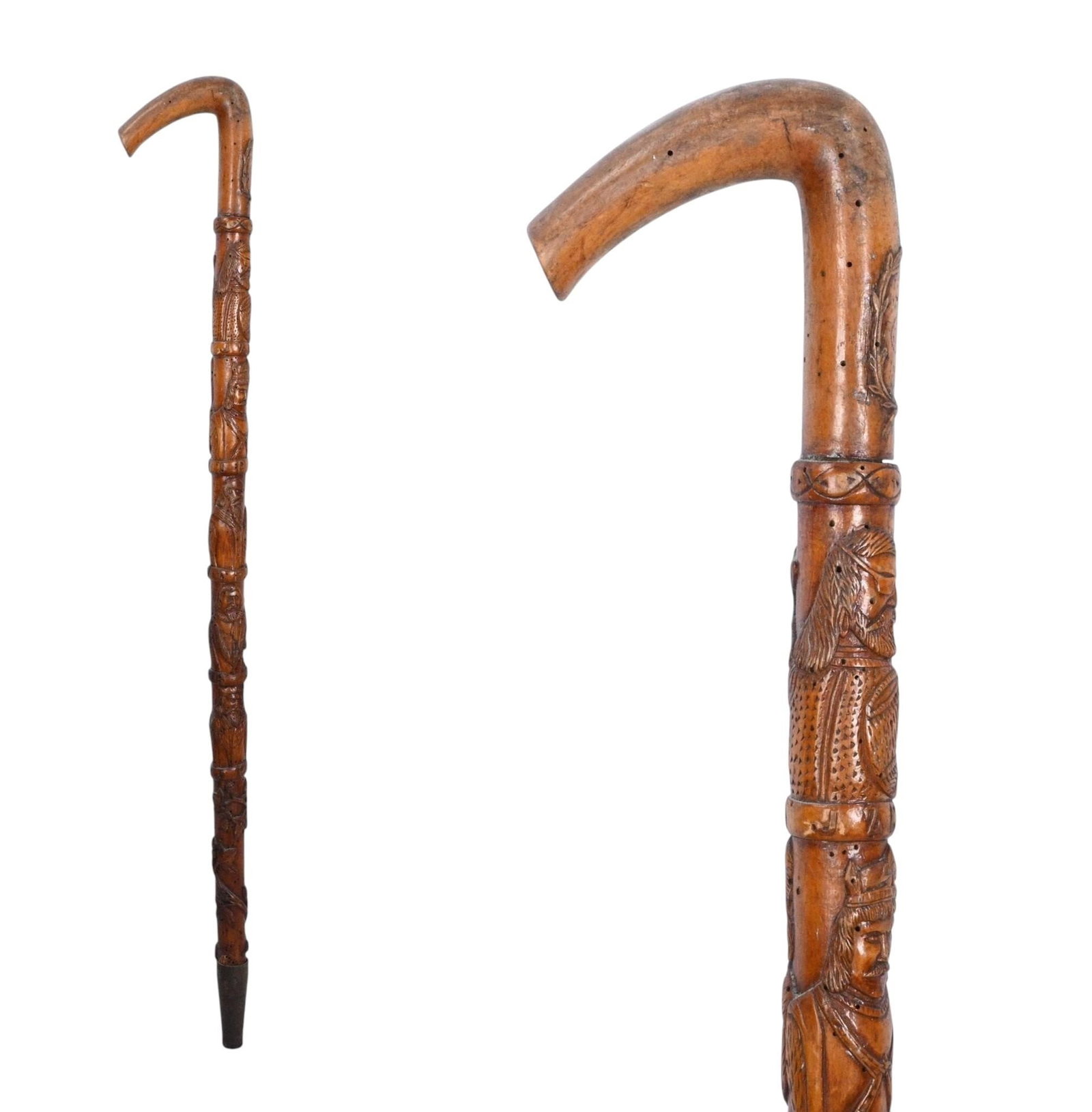 Hand Carved Detailed Cane with Kings and Royalty: Hand Carved Detailed Cane with Kings and Royalty. Carved wood. Unusual folk art cane intricately carved along much of the shaft with a succession of male figures, including bearded and mustachioed