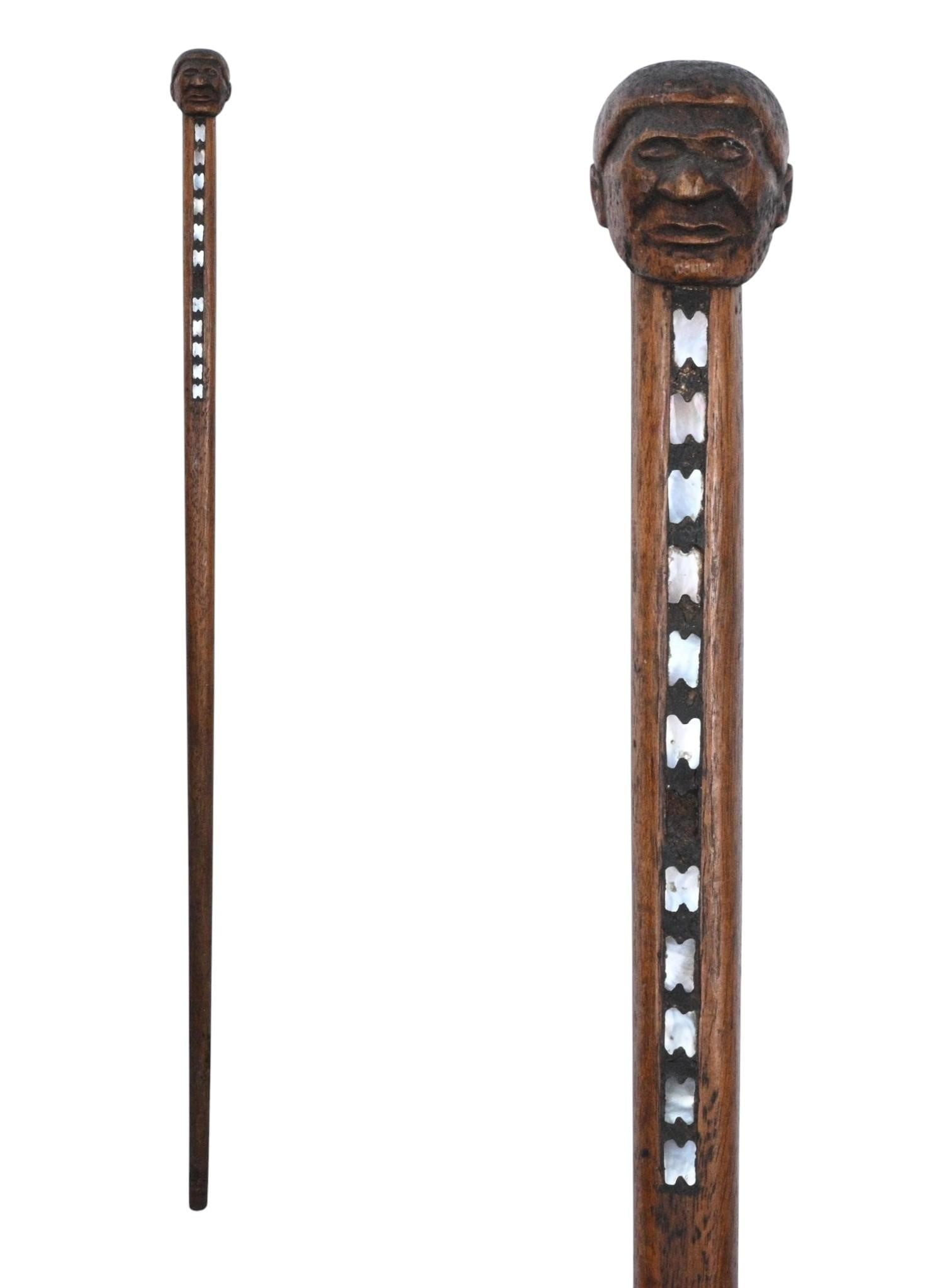 Folk Art Figural Walking Stick with Carved Head and Mother-of-Pearl Inlay (1 of 8)