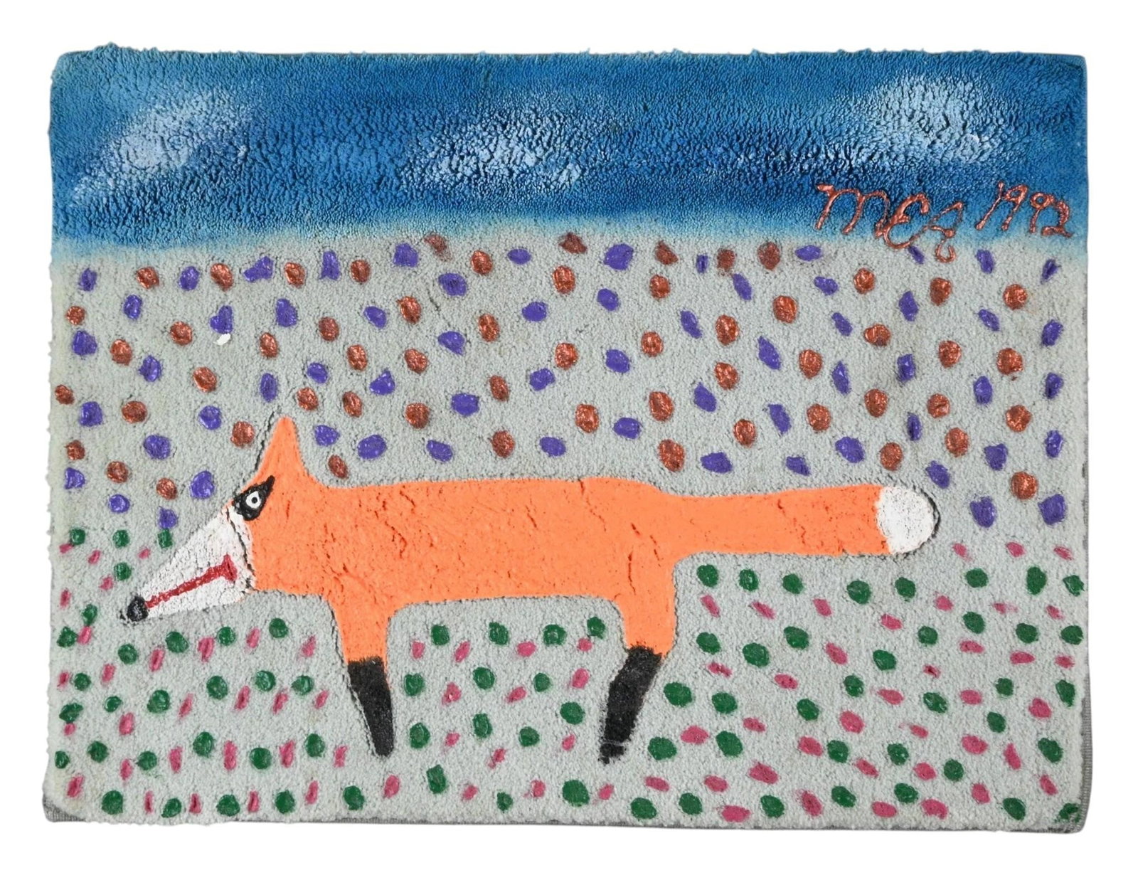 Minnie Adkins. Painted Fox on Carpet: Minnie Adkins. Painted Fox on Carpet. 1992. Signed and Dated. Paint on carpet/rug textile. Rare whimsical folk art work by noted Kentucky self taught artist Minnie Adkins, featuring a boldly painted o