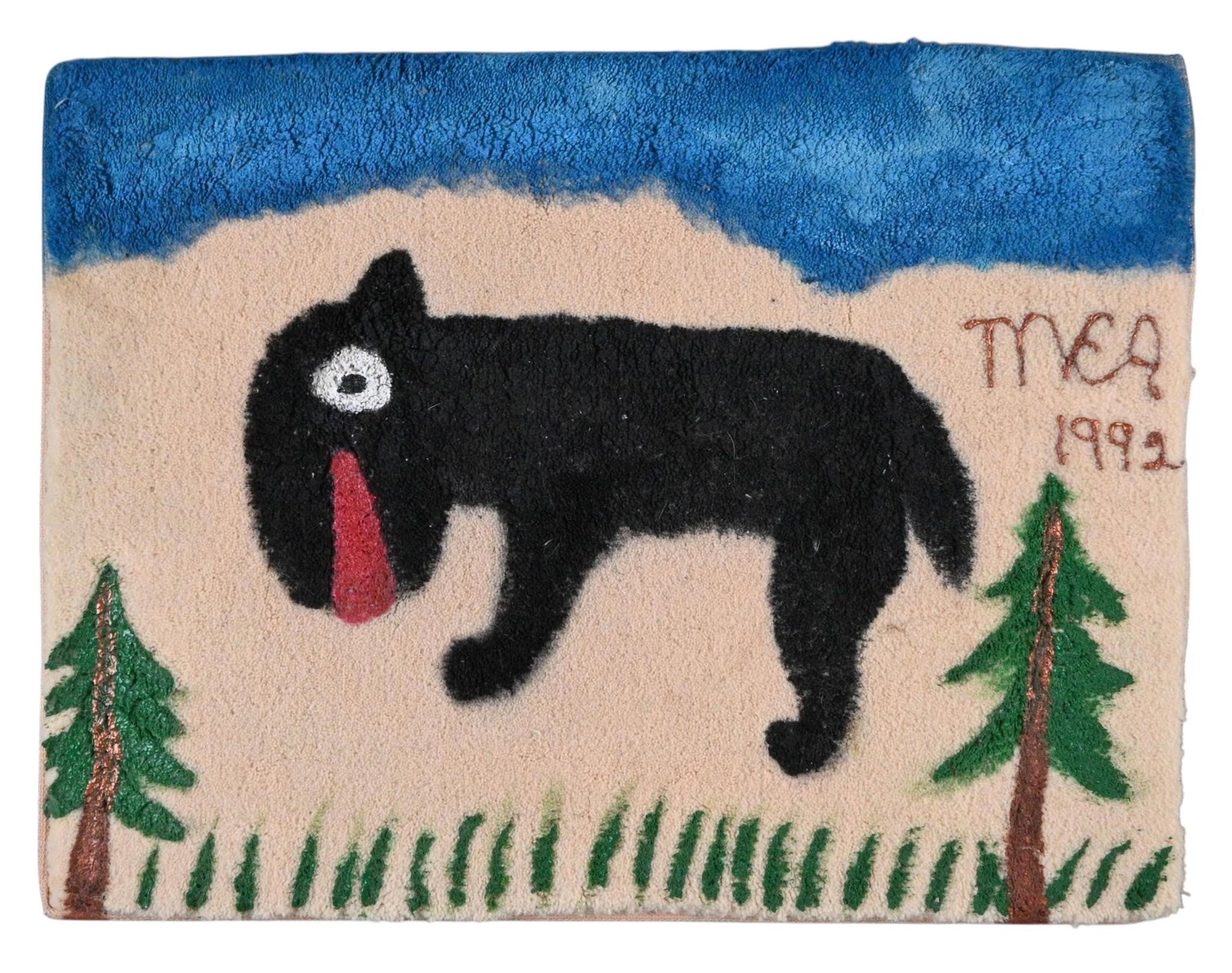 Minnie Adkins. Painted Bear on Carpet: Minnie Adkins. Painted Bear on Carpet. 1992. Signed and Dated. Paint on carpet/rug textile. Rare whimsical folk art work by noted Kentucky self taught artist Minnie Adkins, featuring a boldly painted 