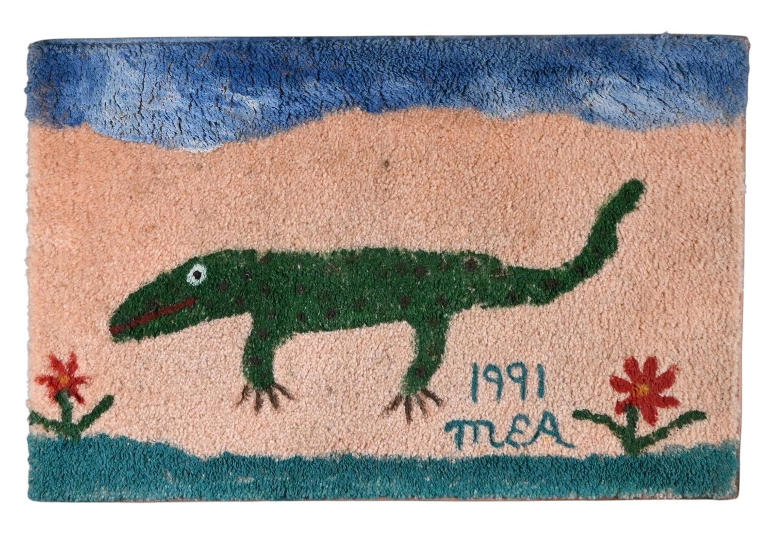 Minnie Adkins. Painted Alligator on Carpet: Minnie Adkins. Painted Alligator on Carpet. 1991. Signed and Dated. Paint on carpet/rug textile. Rare whimsical folk art work by noted Kentucky self taught artist Minnie Adkins, featuring an alligator