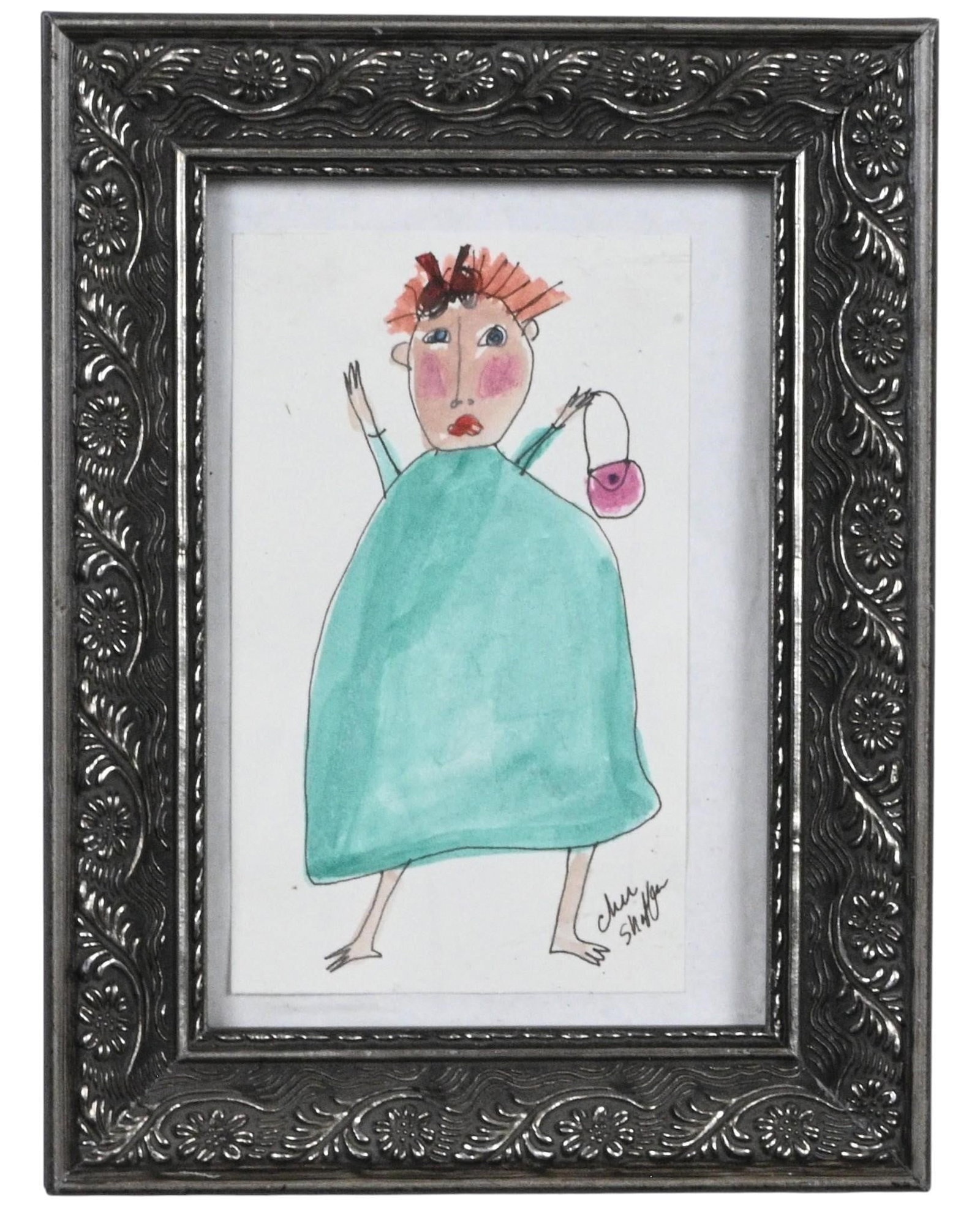 Cher Shaffer. Woman with Purse Drawing: Cher Shaffer. (b. 1947) Woman with Purse Drawing. Signed. Ink and watercolor on paper. Whimsical self taught folk art drawing depicting a woman in a voluminous turquoise dress holding a small pink pur
