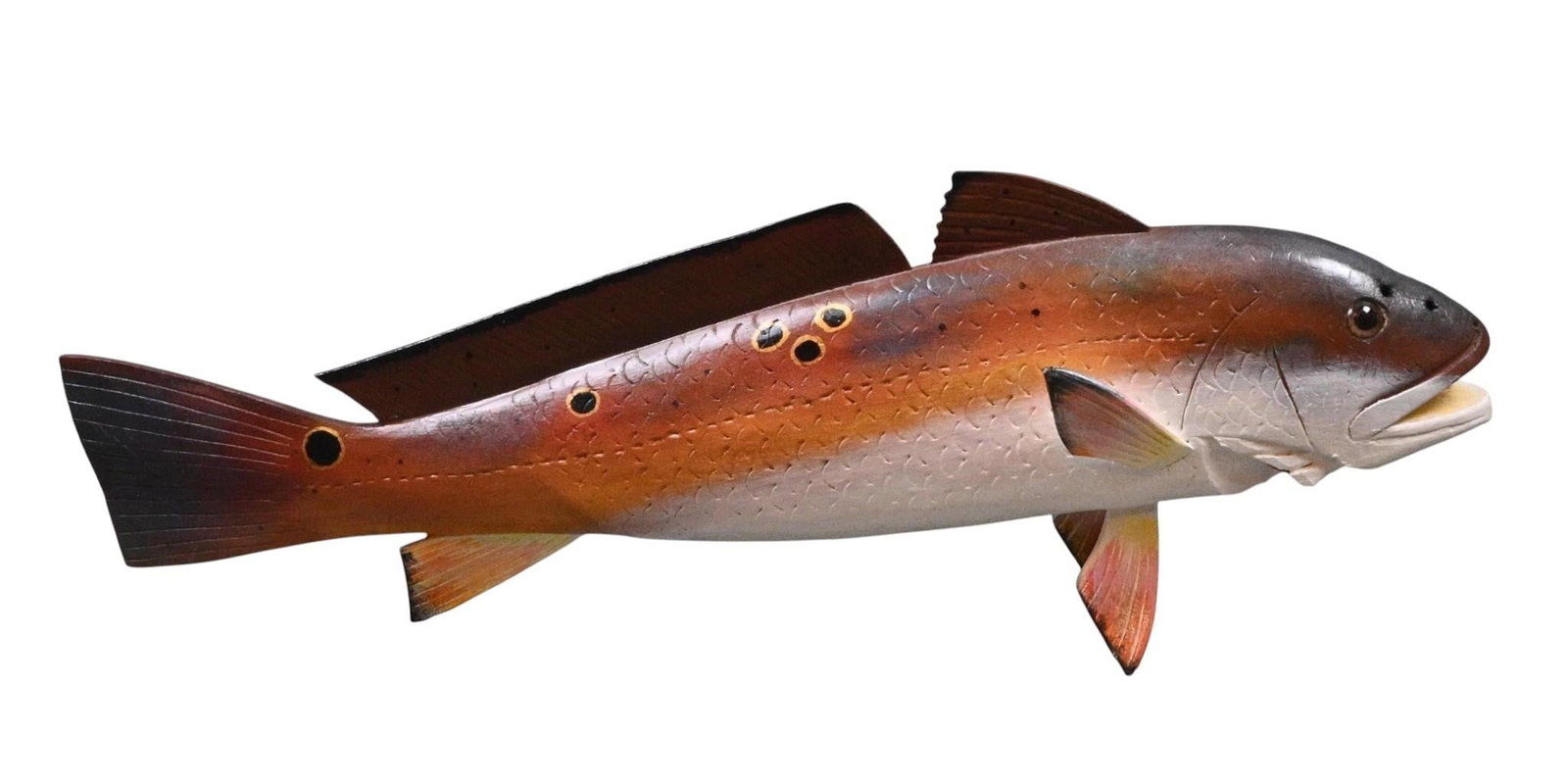 Ivy Billiot. Redfish: Ivy Billiot. (b. 1945) Redfish. 2007. Signed and Dated. Carved and painted wood. Louisiana folk artist, finely carved and painted wooden redfish with naturalistic body form, individually delineated