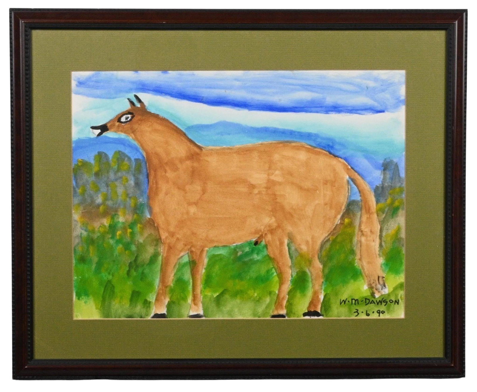 W. M. Dawson. Horse Painting: W. M. Dawson. (1901-1990) Horse Painting. 1990. Signed. Watercolor on paper. Dawson grew up on a farm in Huntsville, AL. He later moved to Chicago. Excellent condition. Size: 12" H x 16" W. Size with 