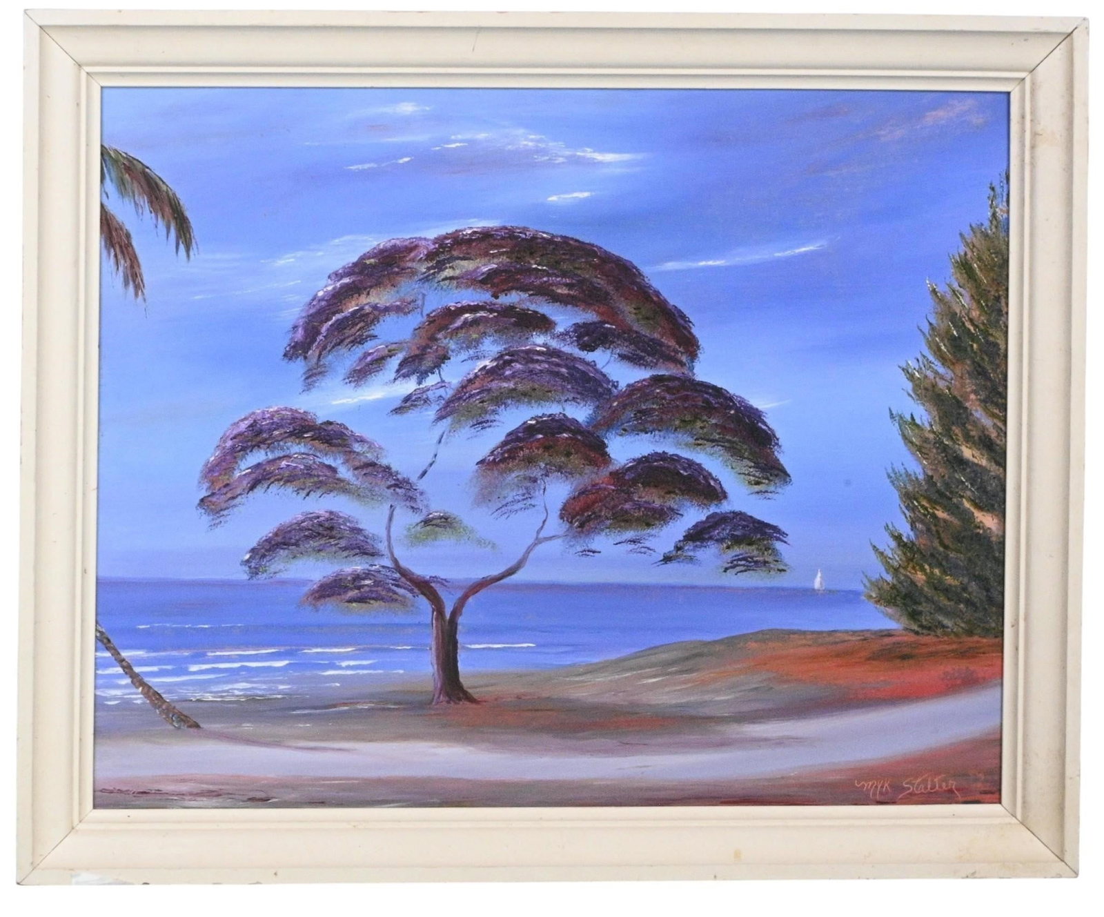 MYK Stalter. Florida Artist. Windswept Coast Painting: MYK Stalter. Florida Artist. Windswept Coast Painting. Signed. Oil on masonite board. Florida artist who studied The Highwaymen landscape painters. Good condition. A few surface marks. Size: 22.5" H x