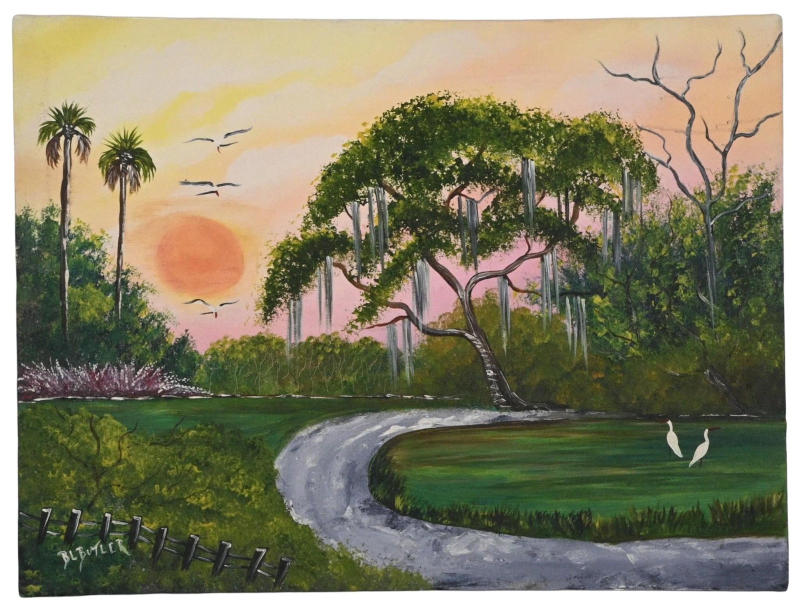 Bonnie "B.L." Butler. Sunset Along the Cypress Bend: Bonnie "B.L." Butler. (b. 1955) Sunset Along the Cypress Bend. Signed. Oil on canvas. Worked with R.L. Lewis, a well known Highwaymen painter, and painted Florida tropical art. Excellent condition.