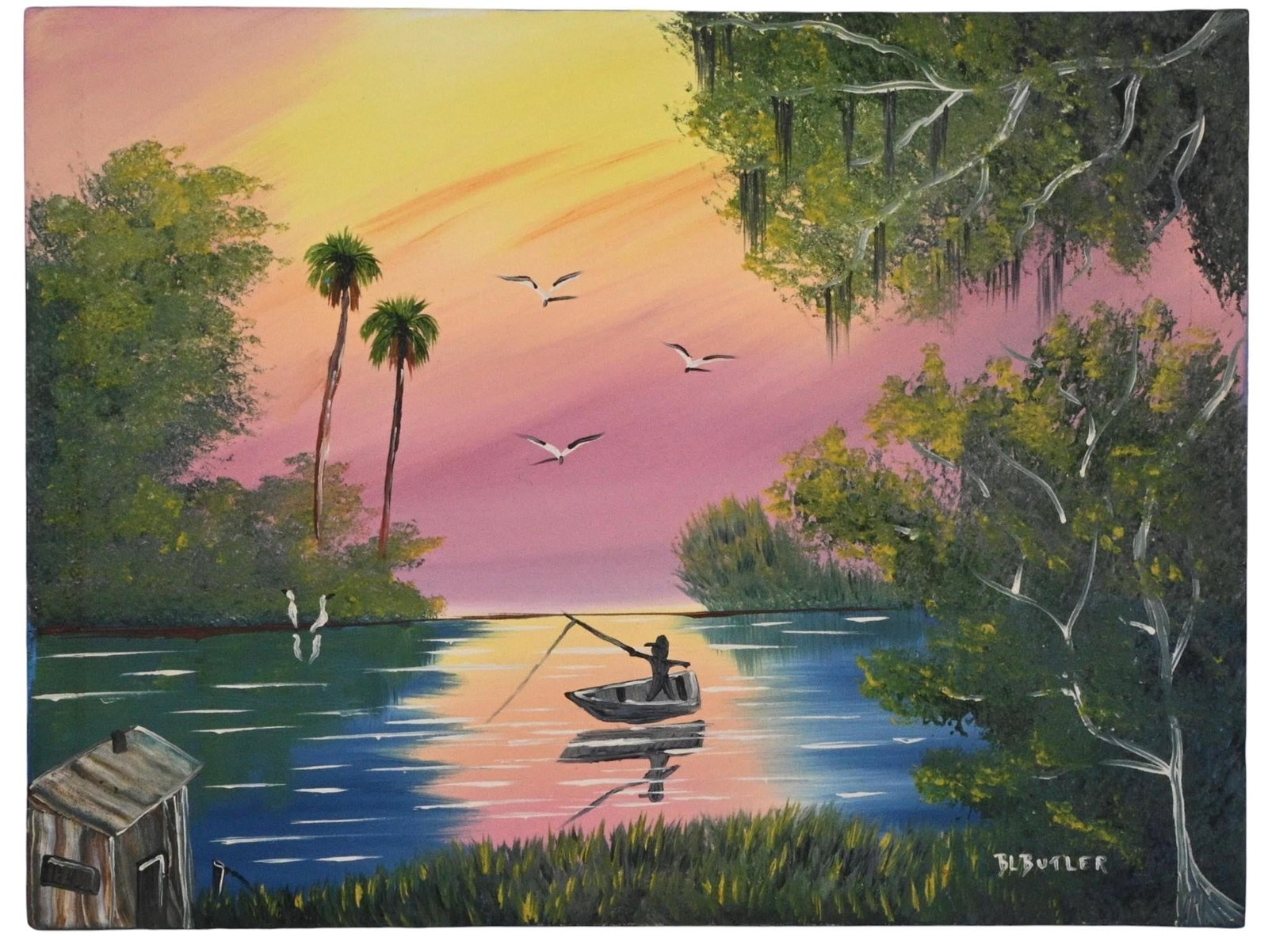 Bonnie "B.L." Butler. Evening Fisherman: Bonnie "B.L." Butler. (b. 1955) Evening Fisherman. Signed. Oil on canvas. Worked with R.L. Lewis, a well known Highwaymen painter, and painted Florida tropical art. Excellent condition. Size: 18" H x