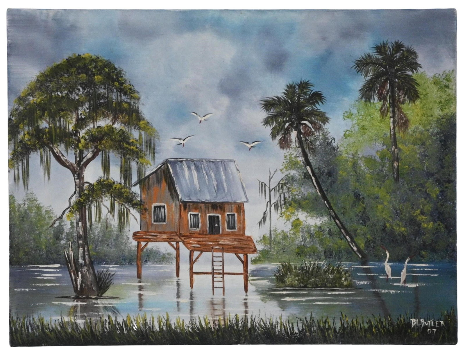 Bonnie "B.L." Butler. Florida Cracker Cabin: Bonnie "B.L." Butler. (b. 1955) Florida Cracker Cabin. 2007. Signed and Dated. Oil on canvas. Worked with R.L. Lewis, a well known Highwaymen painter, and painted Florida tropical art. Excellent