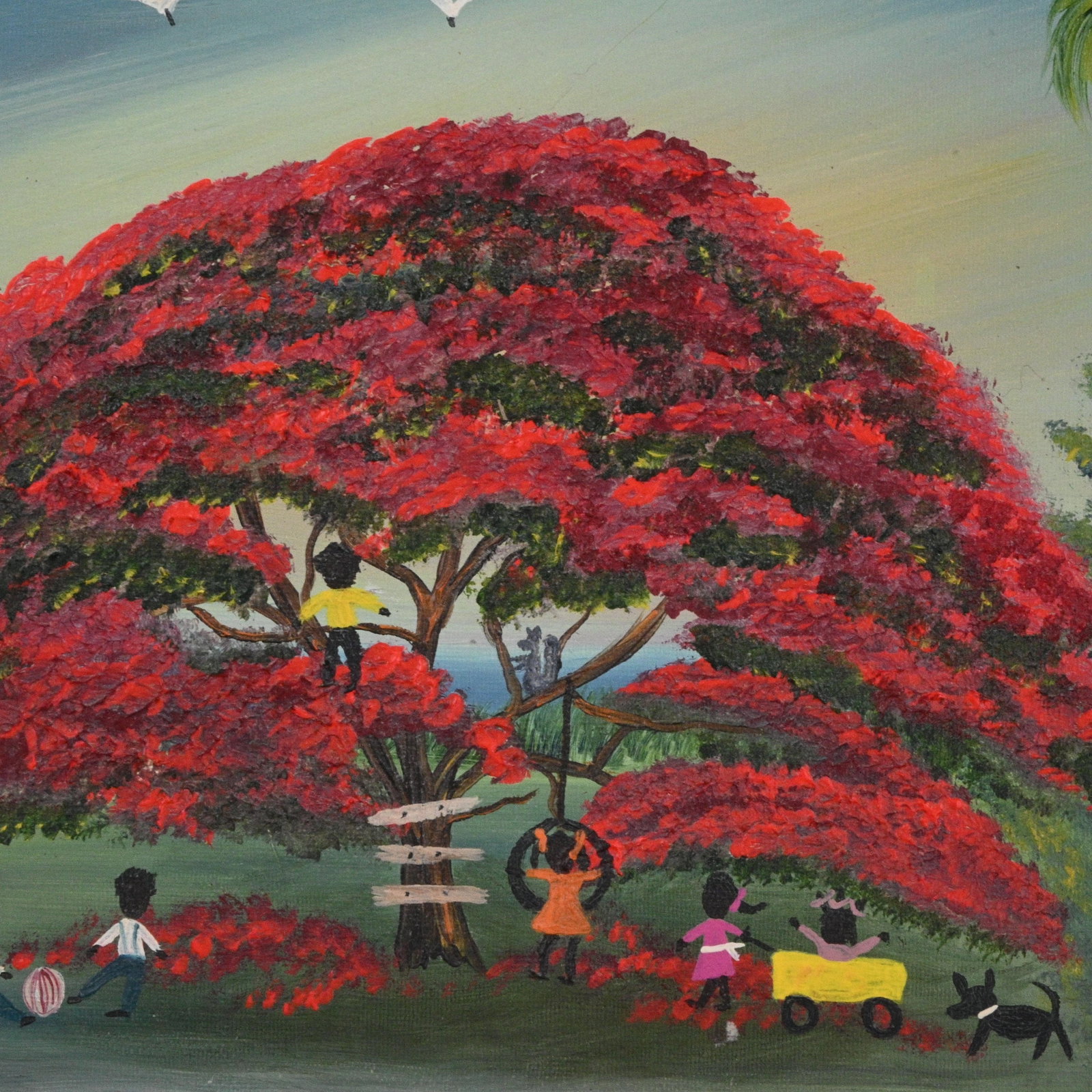 Bonnie "B.L." Butler. Children Beneath the Poinciana: Bonnie "B.L." Butler. (b. 1955) Children Beneath the Poinciana. Signed. Oil on canvas. Worked with R.L. Lewis, a well known Highwaymen painter, and painted Florida tropical art. Excellent condition. S