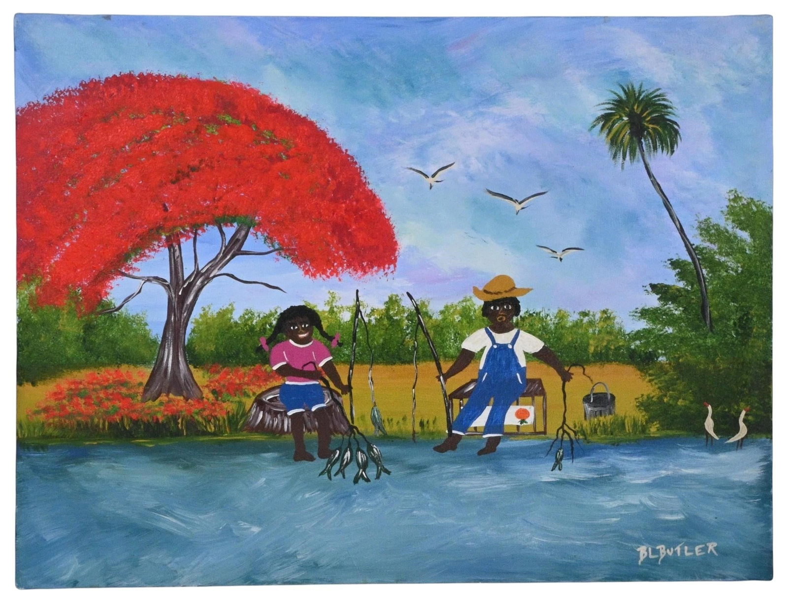 Bonnie "B.L." Butler. Teachin' Sis To Fish: Bonnie "B.L." Butler. (b. 1955) Teachin' Sis To Fish. Signed and Titled. Oil on canvas. Worked with R.L. Lewis, a well known Highwaymen painter, and painted Florida tropical art. Excellent condition.