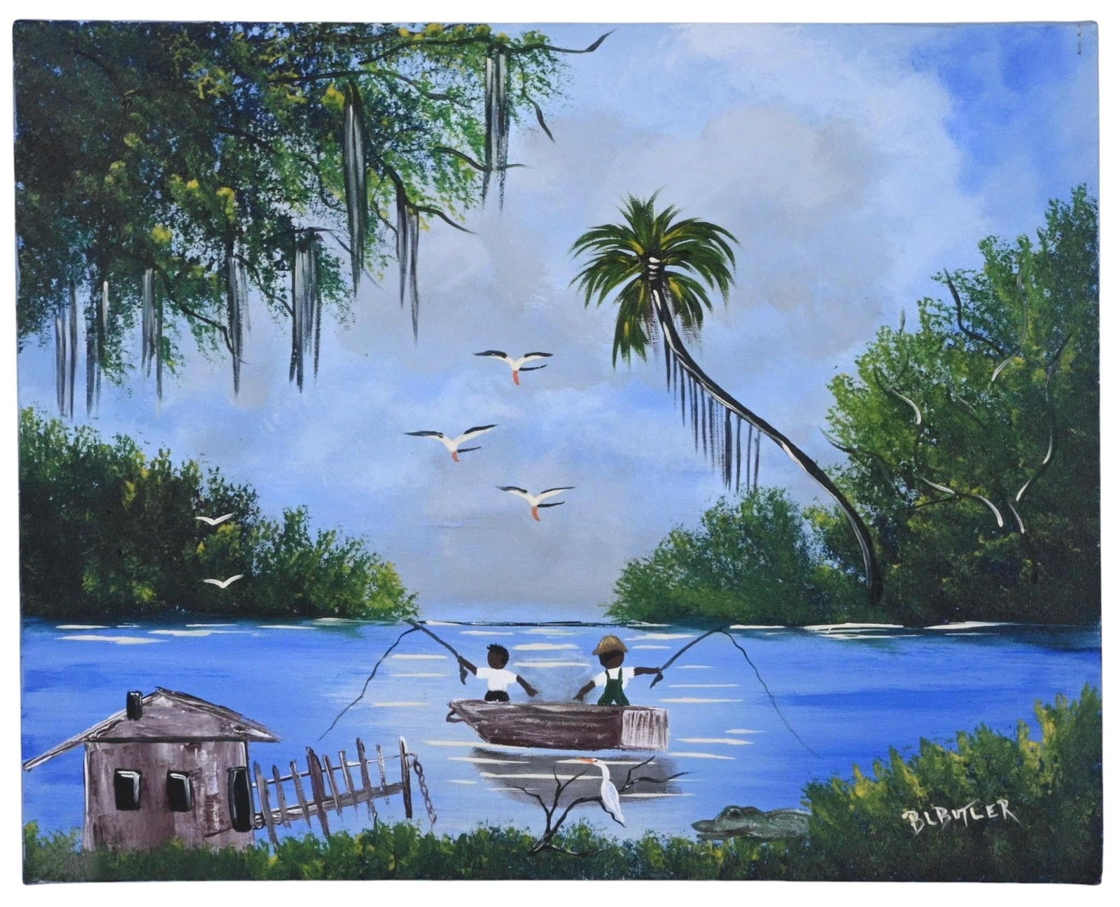 Bonnie "B.L." Butler. Fishing the Florida Backwaters: Bonnie "B.L." Butler. (b. 1955) Fishing the Florida Backwaters. Signed. Oil on canvas. Worked with R.L. Lewis, a well known Highwaymen painter, and painted Florida tropical art. Excellent condition.