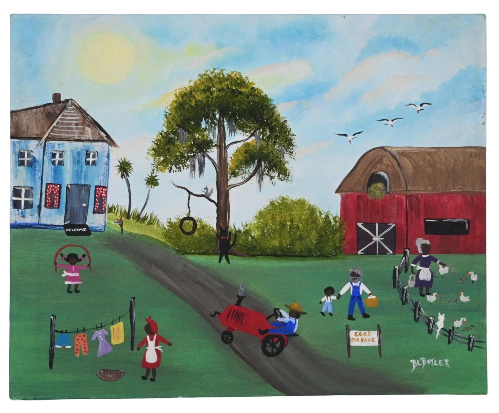 Bonnie "B.L." Butler. Sunday on the Farm: Bonnie "B.L." Butler. (b. 1955) Sunday on the Farm. Signed. Oil on canvas. Worked with R.L. Lewis, a well known Highwaymen painter, and painted Florida tropical art. Good condition. Some surface grime
