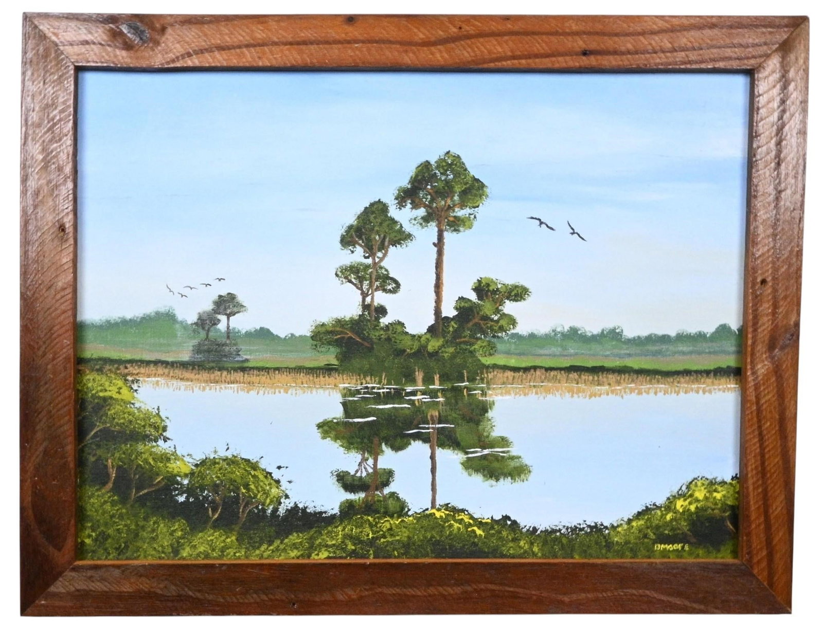 Douglas Moore. Florida Wetlands with Pines: Douglas Moore. (b. 1957) Florida Wetlands with Pines. 2005. Signed and Dated. Oil on canvas board. Florida landscape painter. Excellent condition. Size: 18" H x 24" W. Size with Frame: 20.75" H x