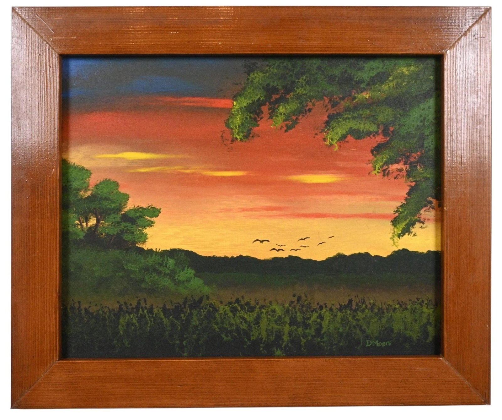 Douglas Moore. Florida Sunset with Birds: Douglas Moore. (b. 1957) Florida Sunset with Birds. 2005. Signed and Dated. Oil on canvas board. Florida landscape painter. Excellent condition. Size: 16" H x 20" W. Size with Frame: 19.75" H x