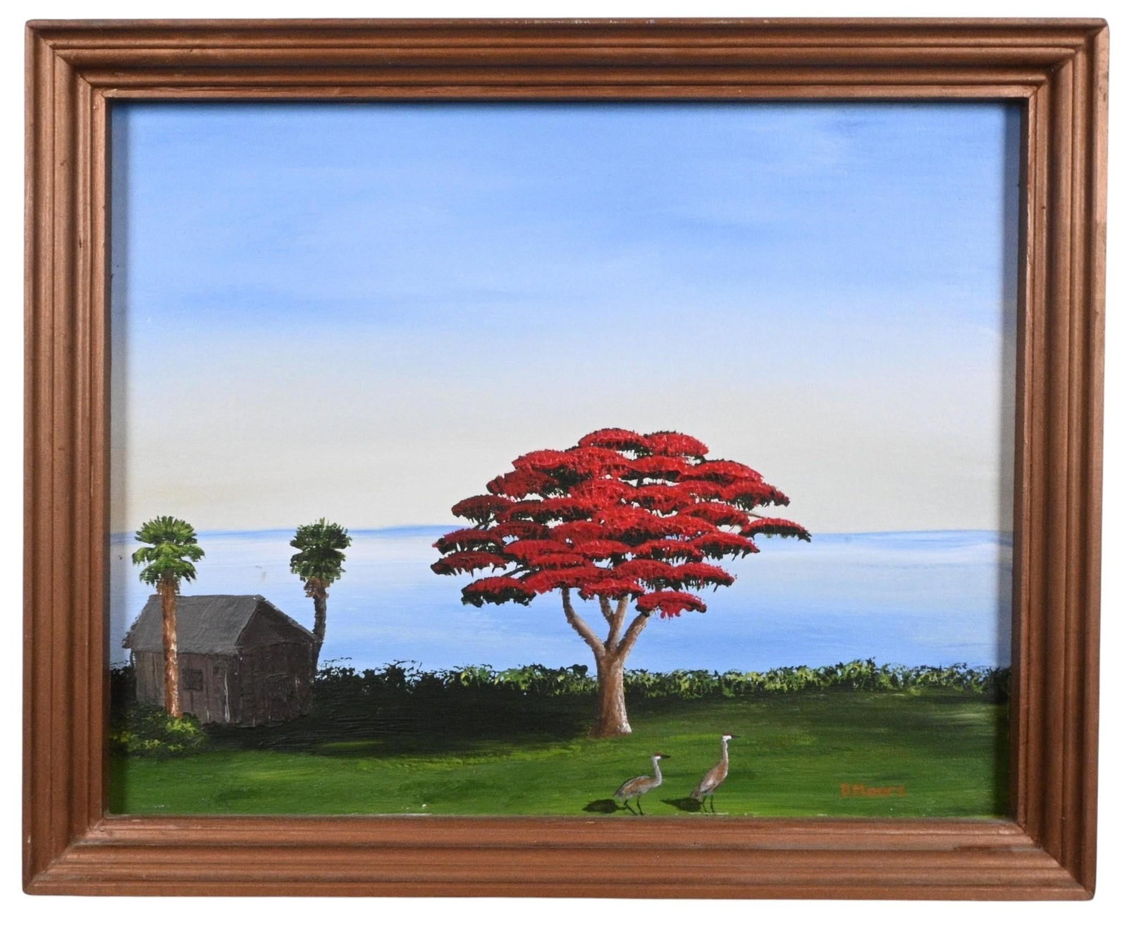 Douglas Moore. Royal Poinciana with Sandhill Cranes: Douglas Moore. (b. 1957) Royal Poinciana with Sandhill Cranes. 2005. Signed and Dated. Oil on canvas board. Florida landscape painter. Good condition. Size: 16" H x 20" W. Size with Frame: 18" H x 22.