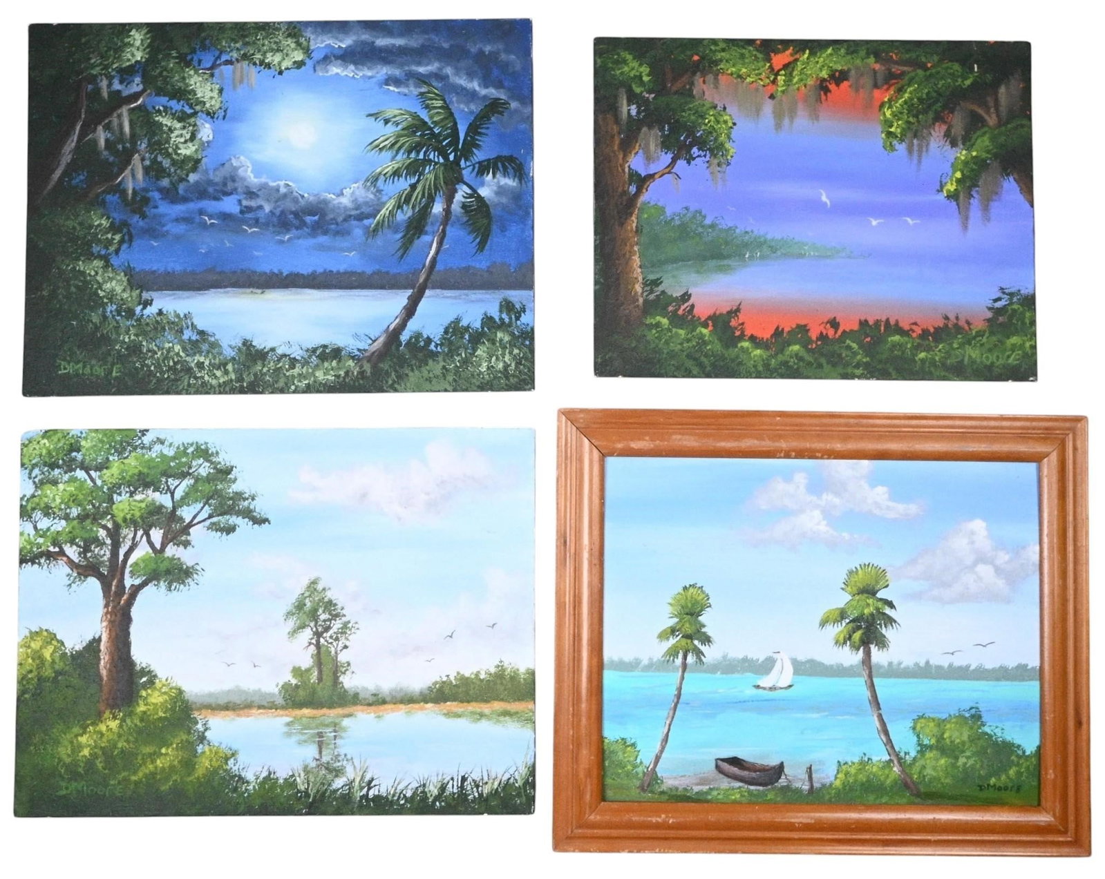 Douglas Moore. 4 Paintings: Douglas Moore. (b.1957) 4 Paintings. 2005-2006. Signed and Dated. Paint on canvas board. Florida landscape painter. Good condition. A few surface marks. Size: Largest without frame is 12" x 16" W. Siz