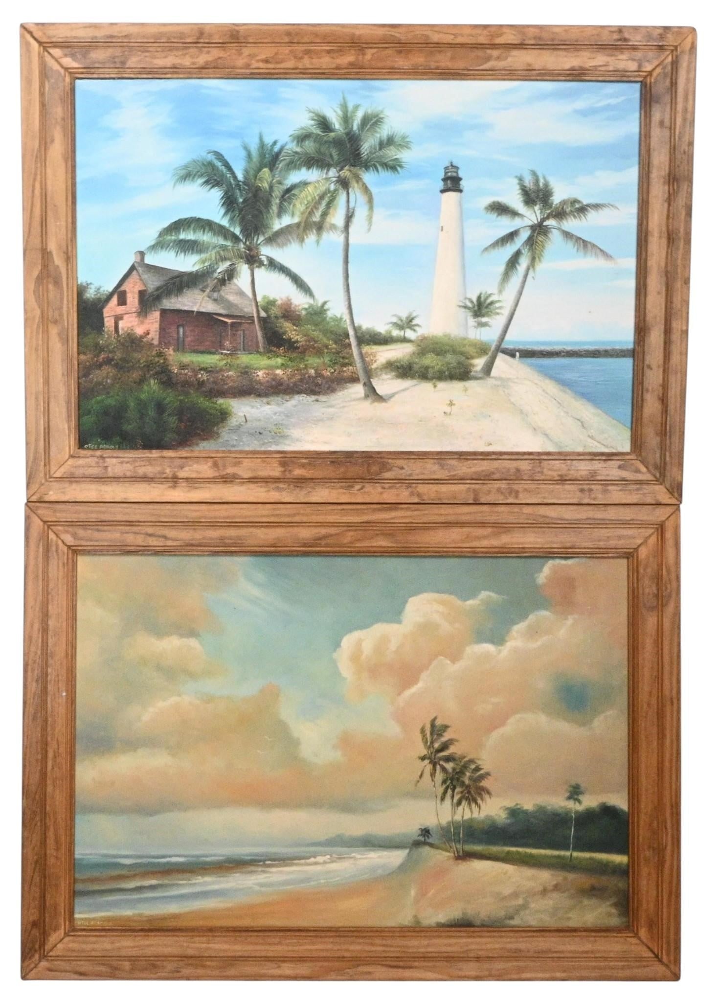Otee Adams. Pair of Florida Coastal Landscape Paintings: Otee Adams. Pair of Florida Coastal Landscape Paintings. Signed. Oil on panel presented in rustic wood frames. Pair of Florida/Indian River School landscape paintings comprising a tropical lighthouse 