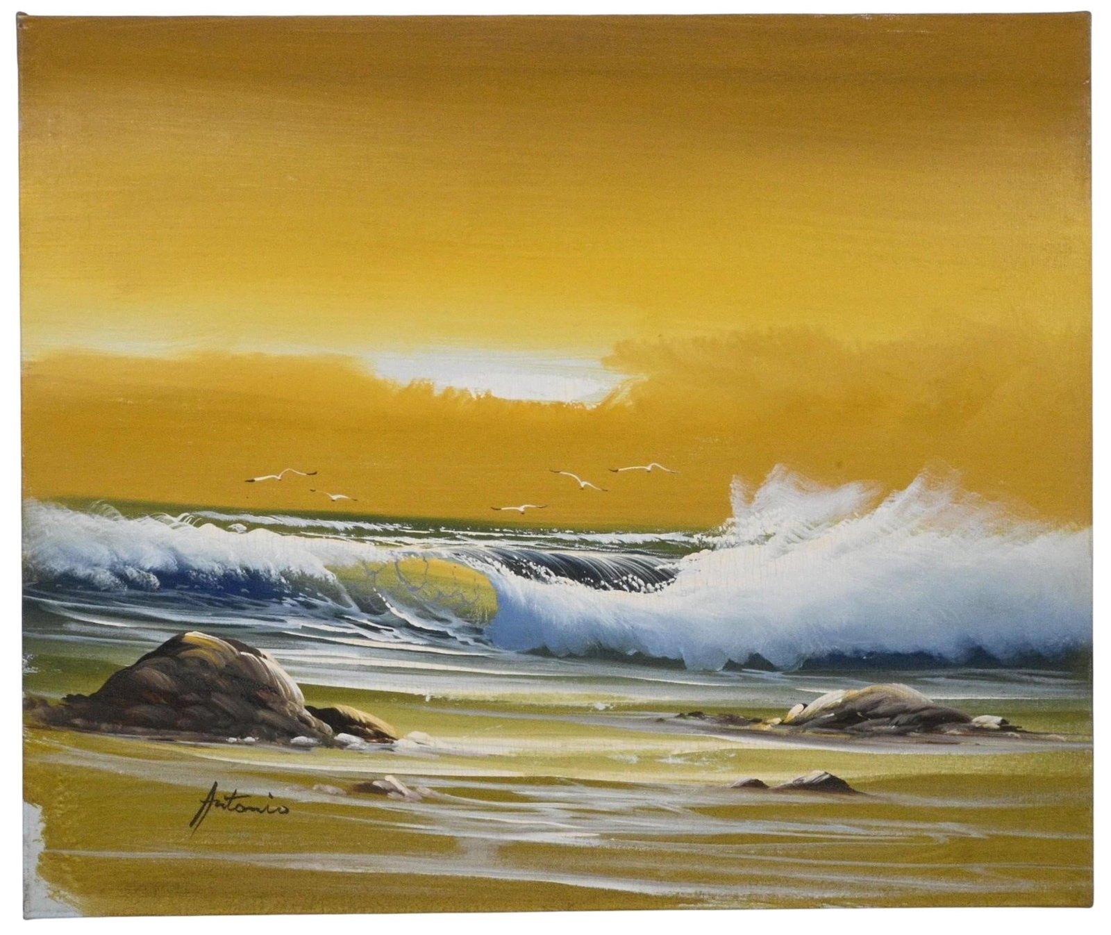 Antonio. Golden Surf Painting: Antonio. Golden Surf Painting. Signed. Oil on canvas. Good condition. Size: 20" H x 24" W. Provenance: Private Georgia Collection (30+ years). Est. $100 - $200. Ship: In-House Shipping Available.