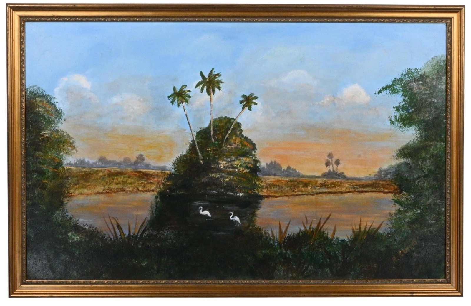 R. Cunio. Florida Palm Hammock Landscape: R. Cunio. Florida Palm Hammock Landscape. Signed. Oil on masonite board. Good condition. Size: 19" H x 30.5" W. Size with Frame: 21.25" H x 33" W. Provenance: Private Georgia Collection (30+ years). E
