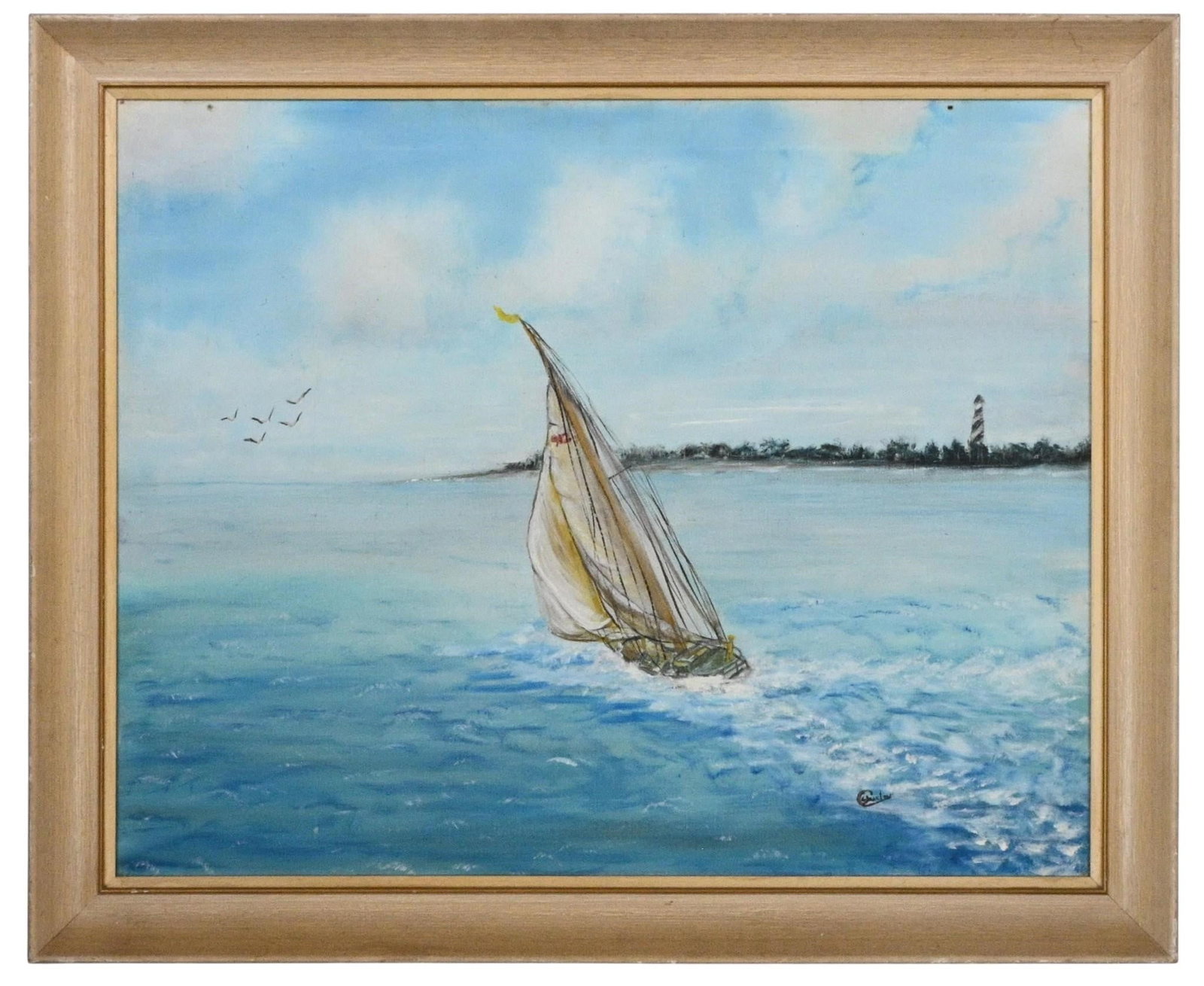 Sailboat off the Florida Coast Painting: Sailboat off the Florida Coast Painting. Signed, but can't make out the signature. Oil on canvas. Vintage coastal landscape depicting a single sailboat cutting through blue-green waters, with