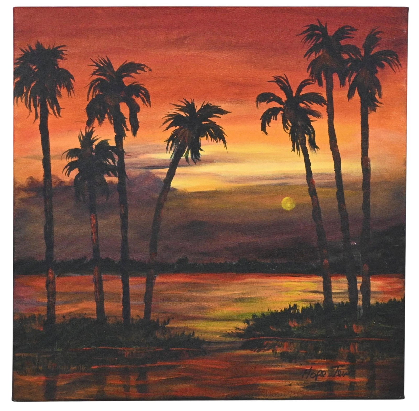 Hope Tew. Florida Palm Sunset Landscape: Hope Tew. Florida Palm Sunset Landscape. Signed. Paint on canvas. A contemporary American artist known for painting nature, wildlife, and Florida landscapes. Excellent condition. Size: 17" H x 17" W x
