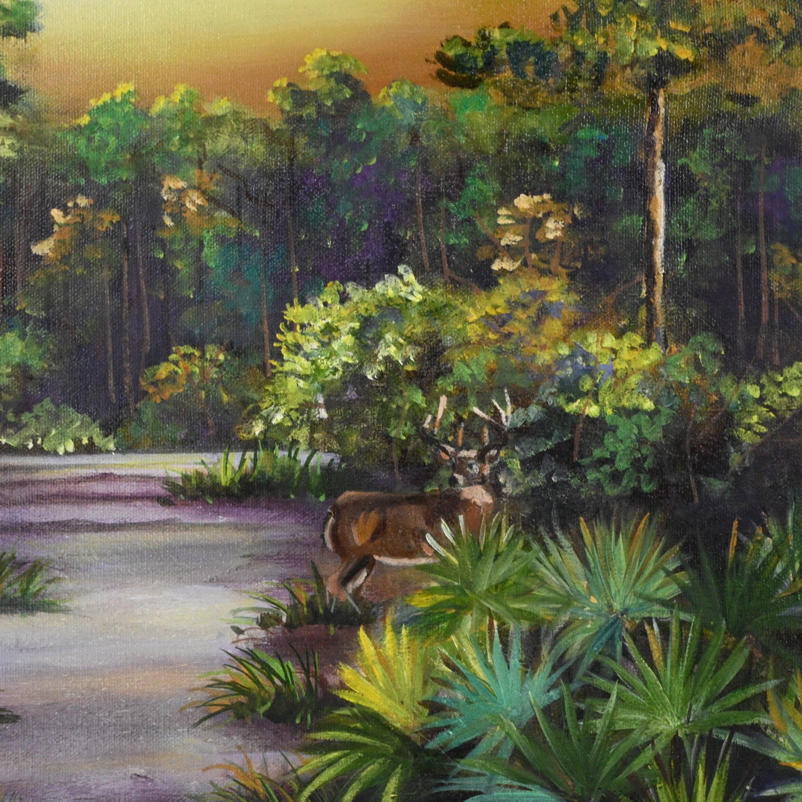 Hope Tew. Deer in the Florida Pine Woods: Hope Tew. Deer in the Florida Pine Woods. Signed. Paint on canvas. A contemporary American artist known for painting nature, wildlife, and Florida landscapes. Excellent condition. Size: 16" H x 20" W.