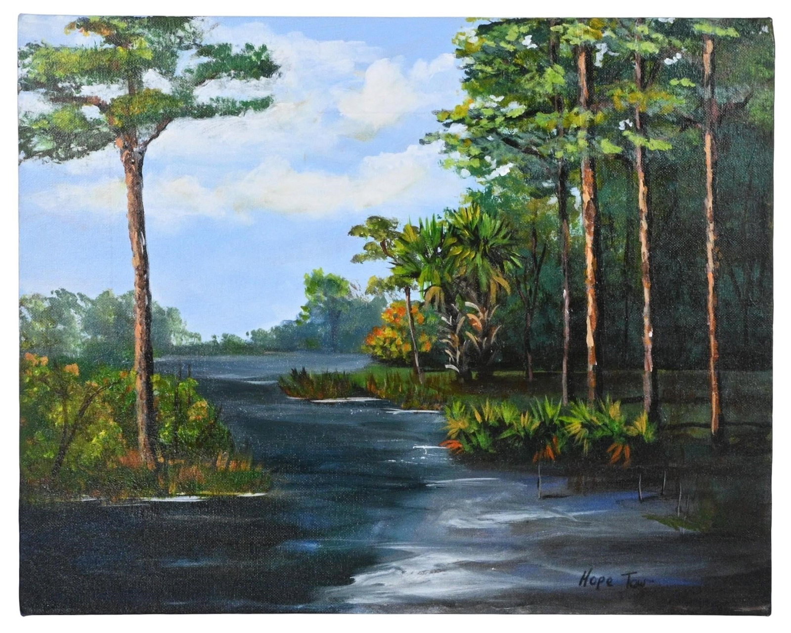 Hope Tew. Florida River Through the Pines: Hope Tew. Florida River Through the Pines. Signed. Paint on canvas. A contemporary American artist known for painting nature, wildlife, and Florida landscapes. Good condition. A few small surface mark