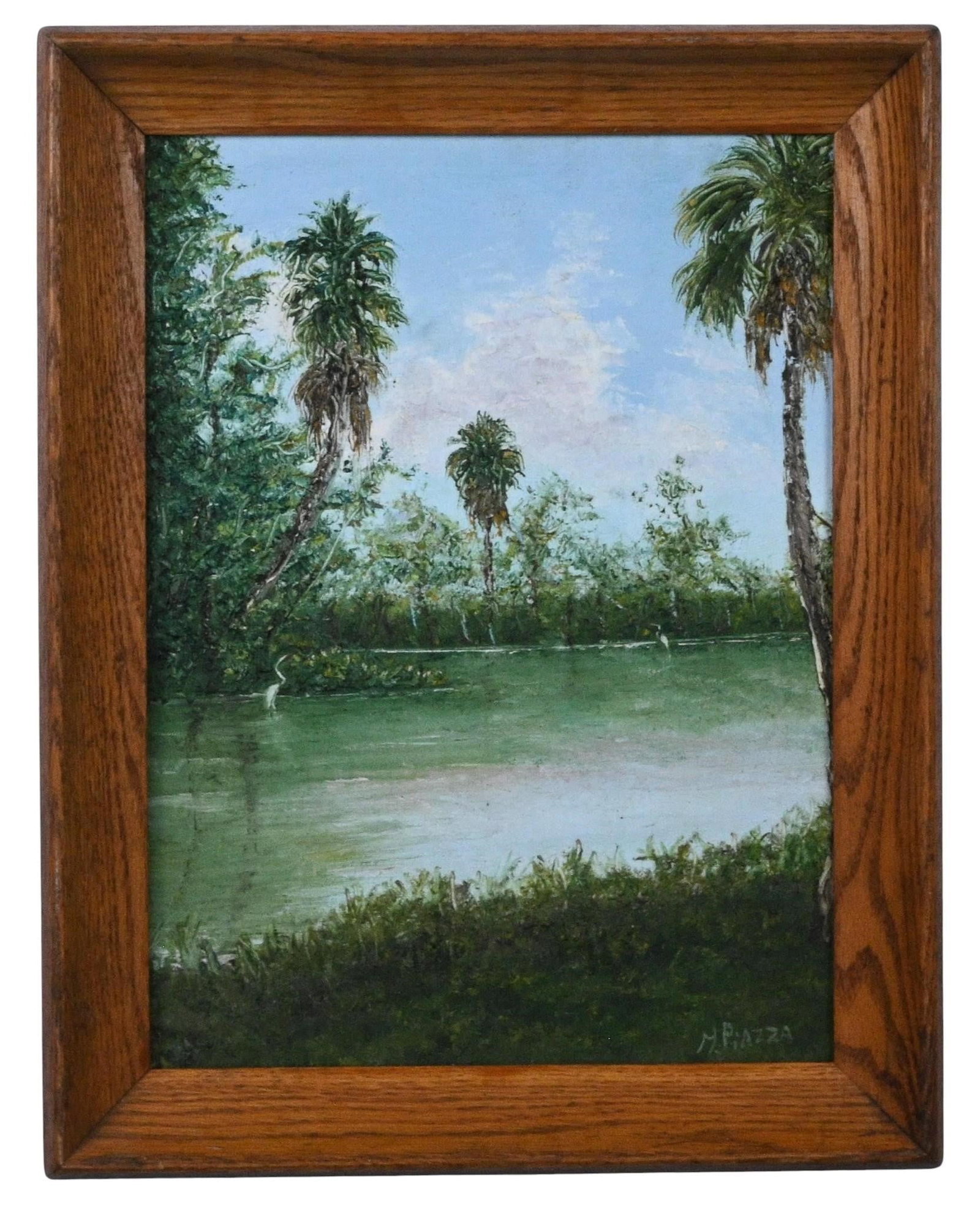 Glen Piazza. Florida Palm River Landscape: Glen Piazza. Florida Palm River Landscape. Signed. Oil on canvas panel. Good condition. Size: 16" H x 12" W. Size with Frame: 19" H x 15" W. Provenance: Private Georgia Collection (30+ years). Est.