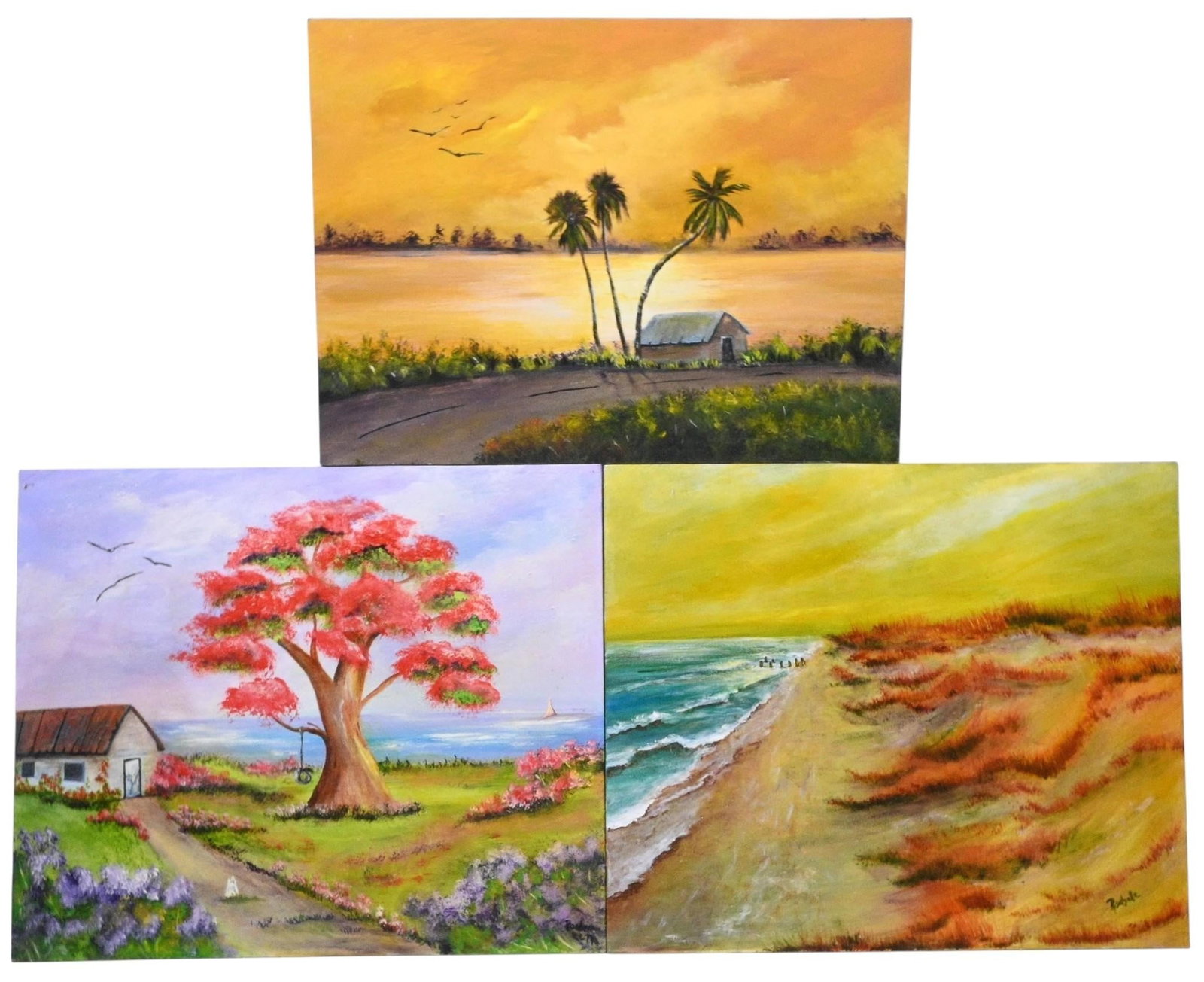Rochelle McBride. Three Florida Landscape Paintings: Rochelle McBride. Three Florida Landscape Paintings. 2007. Signed and Dated. Oil on masonite board. Florida Highwaymen Style. Excellent condition. Size: Largest is 20" H x 24" W. Provenance: Private
