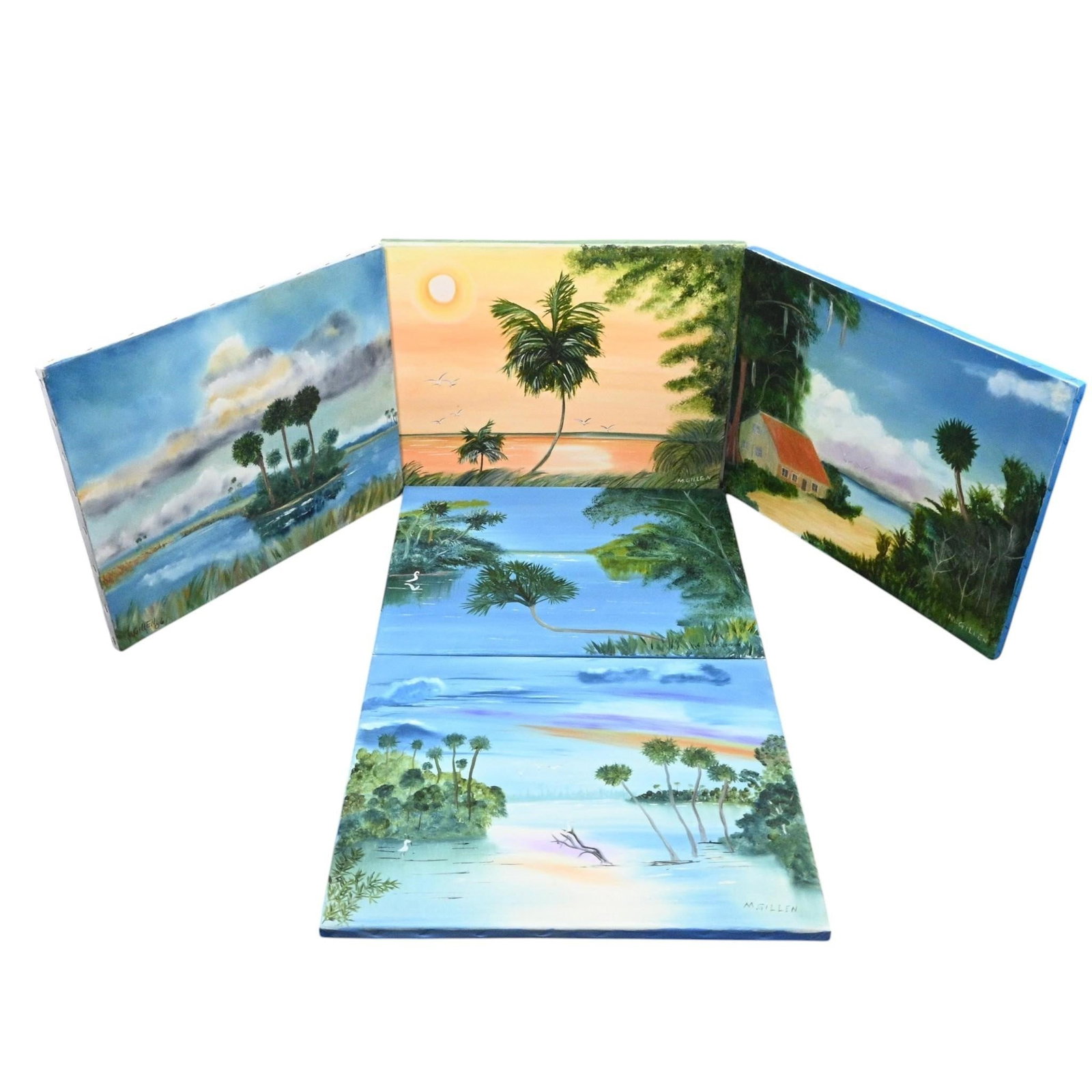 M. Gillen. 5 Florida Landscape Paintings: M. Gillen. 5 Florida Landscape Paintings. 2005-2006. Signed and some are Dated. Paint on canvas. Good condition. Some surface wear. Size: 16" H x 20" W each. Provenance: Private Georgia Collection (30