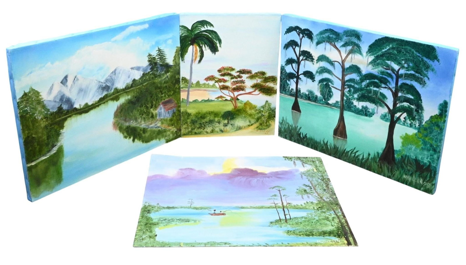 M. Gillen. 4 Florida Landscape Paintings: M. Gillen. 4 Florida Landscape Paintings. 2003, 2008. Signed and some are Dated. Paint on canvas and canvas panel. Good condition. Some surface marks and wear. Size: Largest is 16" H x 20" W. Provenan