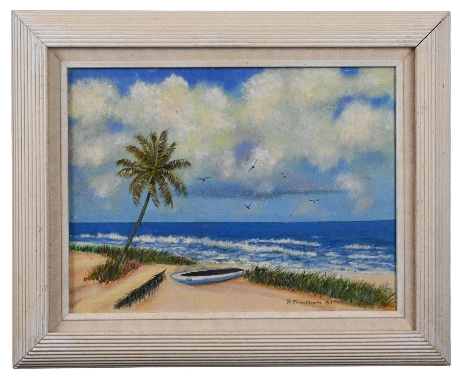 P. Frischkorn. Tropical Beach with Palm & Boat: P. Frischkorn. Tropical Beach with Palm & Boat. 1983. Signed and Dated. Paint on canvas. Good condition. Some marks on canvas. Size: 12" H x 16" W. Size with Frame: 17.25" H x 21" W. Provenance:
