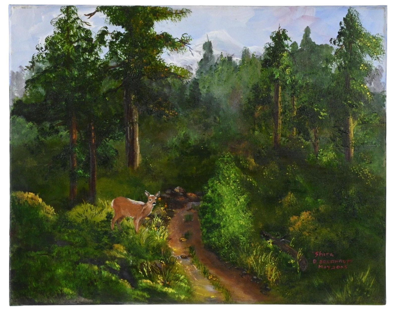 Diane "Shira" Breithaupt. Deer in the Forest Painting: Diane "Shira" Breithaupt. Deer in the Forest Painting. 2005. Signed and Dated. Oil on canvas. Folk art woodland landscape depicting a deer standing beside a winding forest path amid dense green trees