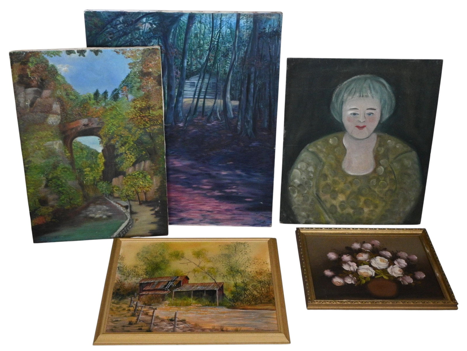 Collection of Five Vintage Paintings: Collection of Five Vintage Paintings. Some are signed. Paint on canvas and canvas panel. Fair condition overall except the old barn in the woods with the yellow/gold frame is in excellent condition.