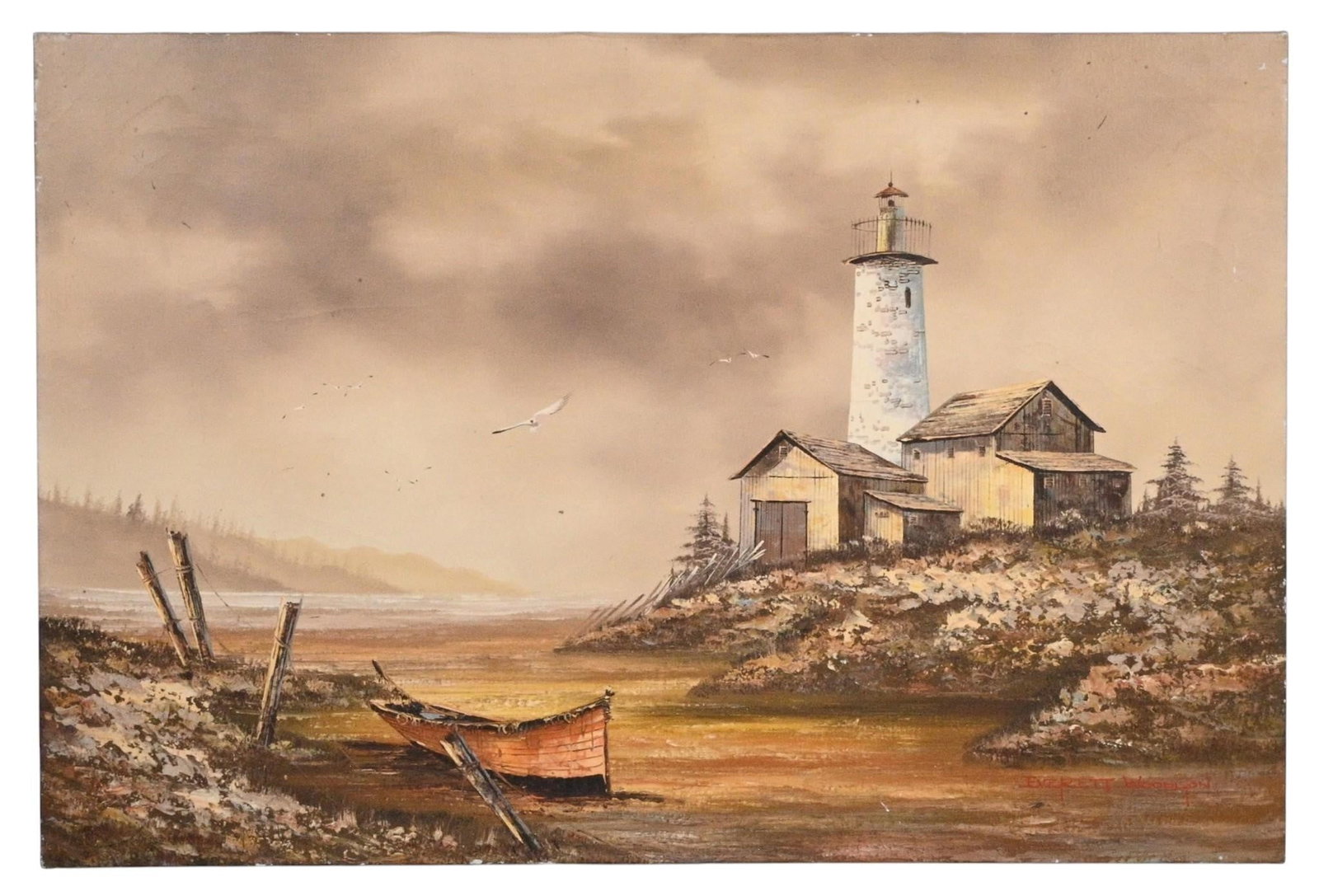 Everett Woodson. Lighthouse & Fishing Boat Coastal Scene: Everett Woodson. (1933-2016) Lighthouse & Fishing Boat Coastal Scene. Signed. Oil on canvas. An American/Missouri painter best known for rural landscapes and barns along with lighthouses and coastal