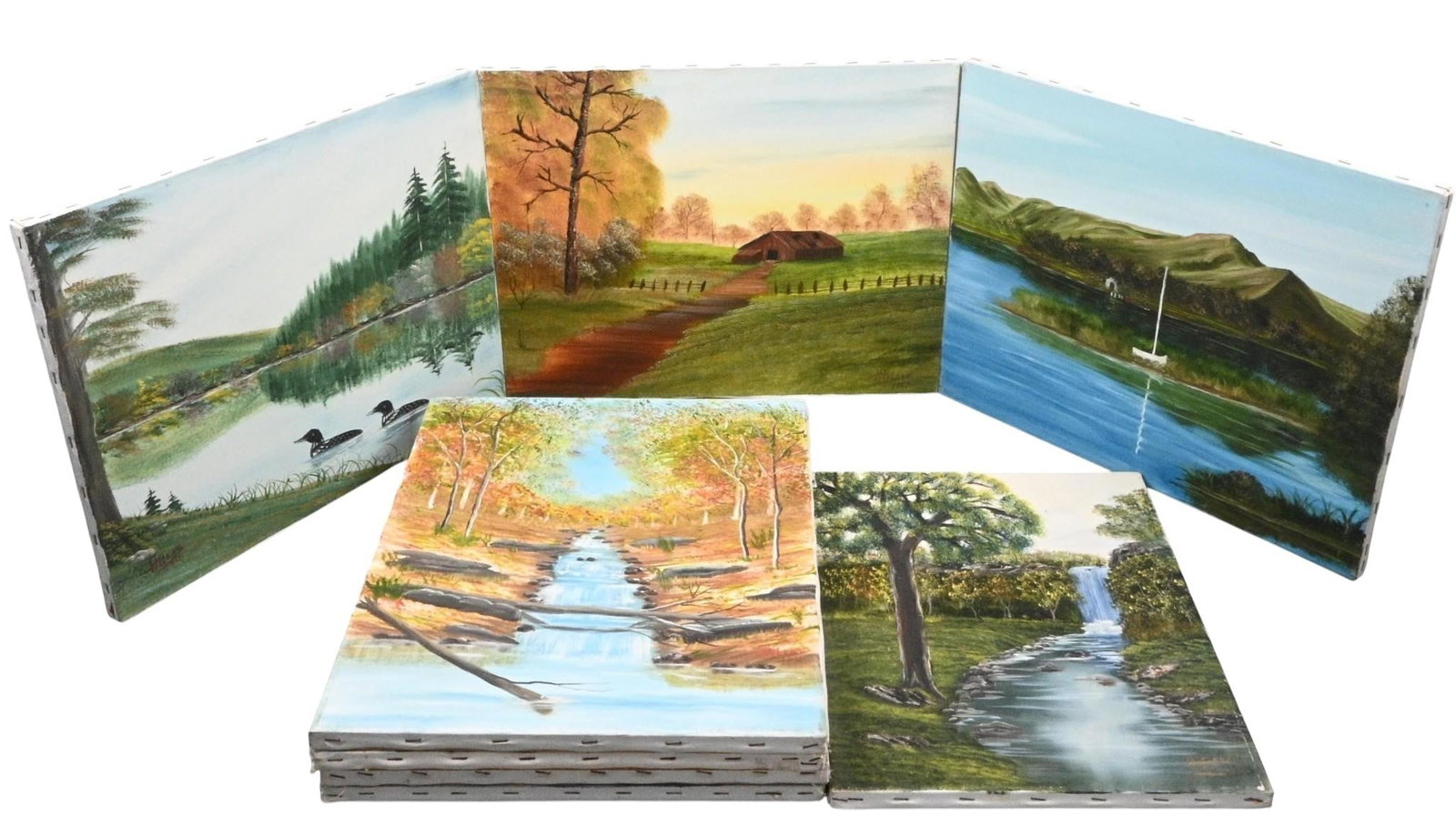 Helene Horizon's. 8 Landscape Paintings: Helene Horizon's. 8 Landscape Paintings. 1991-1997. Signed and Dated. Paint on canvas. Good condition. Some surface marks and wear. Size: Largest is 16" H x 20" W. Provenance: Private Georgia