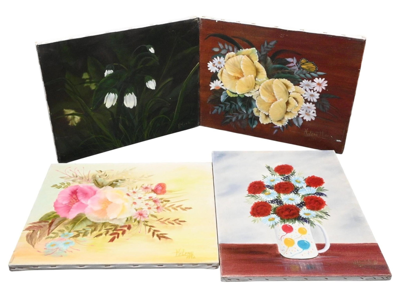 Helene Horizon's. 4 Floral Paintings: Helene Horizon's. 4 Floral Paintings. 1991-1994. Signed and Dated. Paint on canvas. Fair condition. Some surface marks and wear. Size: Largest is 16" H x 20" W. Provenance: Private Georgia Collection