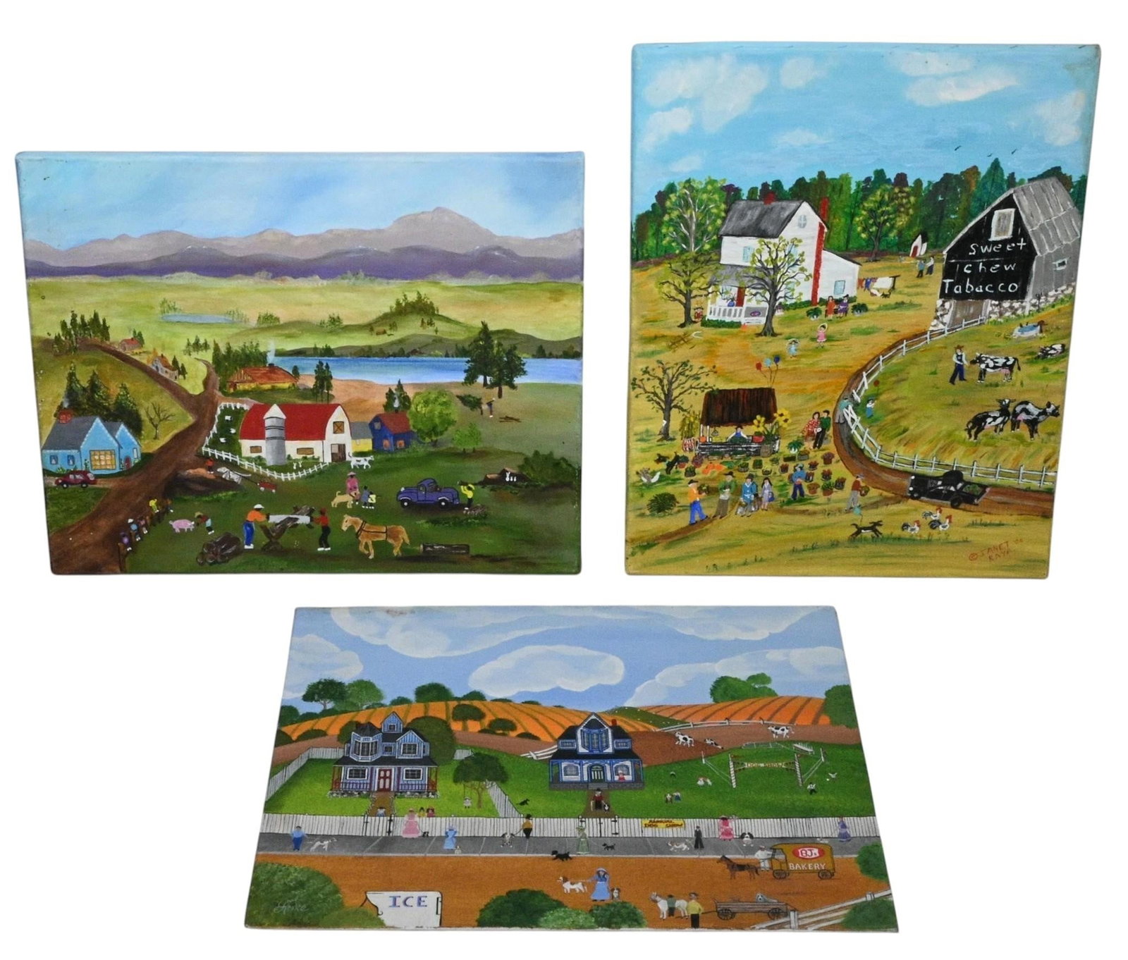 Three American Folk Art Farm Scenes: Three American Folk Art Farm Scenes. Two are signed. Paint on canvas. One is signed by Mike Luke, 2006. Another is signed by Janet Kaye, 2006. Fair condition. Surface grime and marks. Size: 16" H x