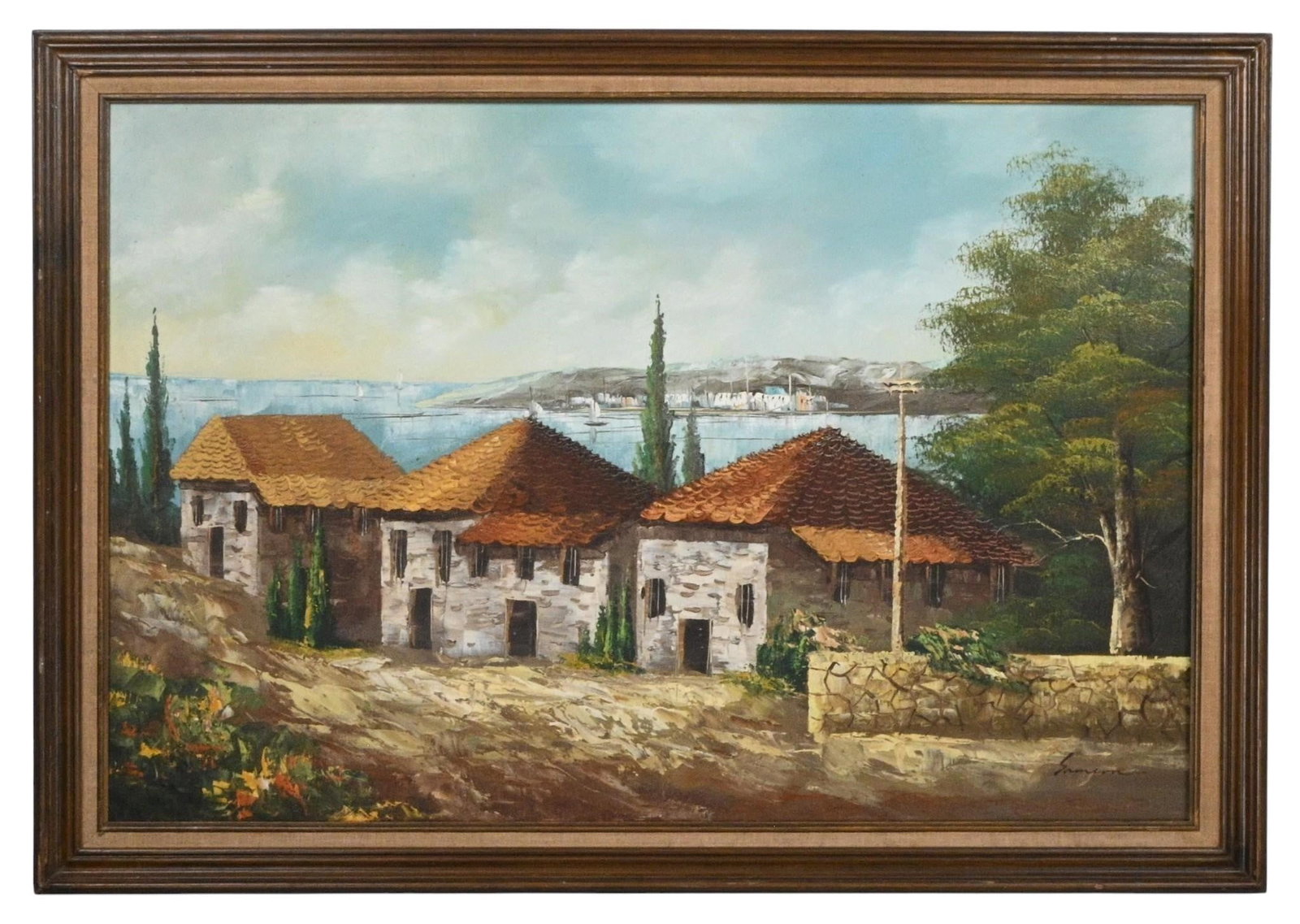 Mediterranean Village by the Sea: Mediterranean Village by the Sea. Signed, but can't make out the signature. Oil on canvas. Fair condition. Paint crazing throughout. Size: 24" H x 36" W. Size with Frame: 28" H x 40.25" W. Provenance:
