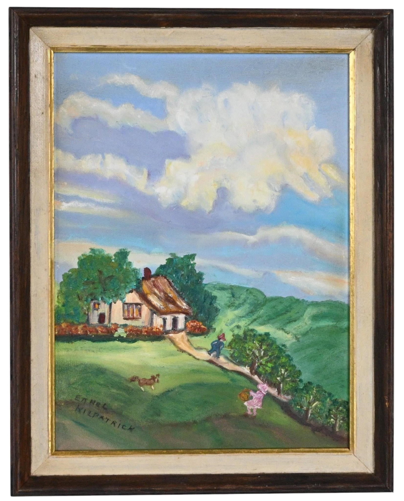 Ethel Kilpatrick. Folk Art Homestead Landscape Painting: Ethel Kilpatrick. Folk Art Homestead Landscape Painting. Signed. Oil on canvas. Charming folk art landscape depicting a hillside country homestead beneath a dramatic cloud-filled sky. A winding path