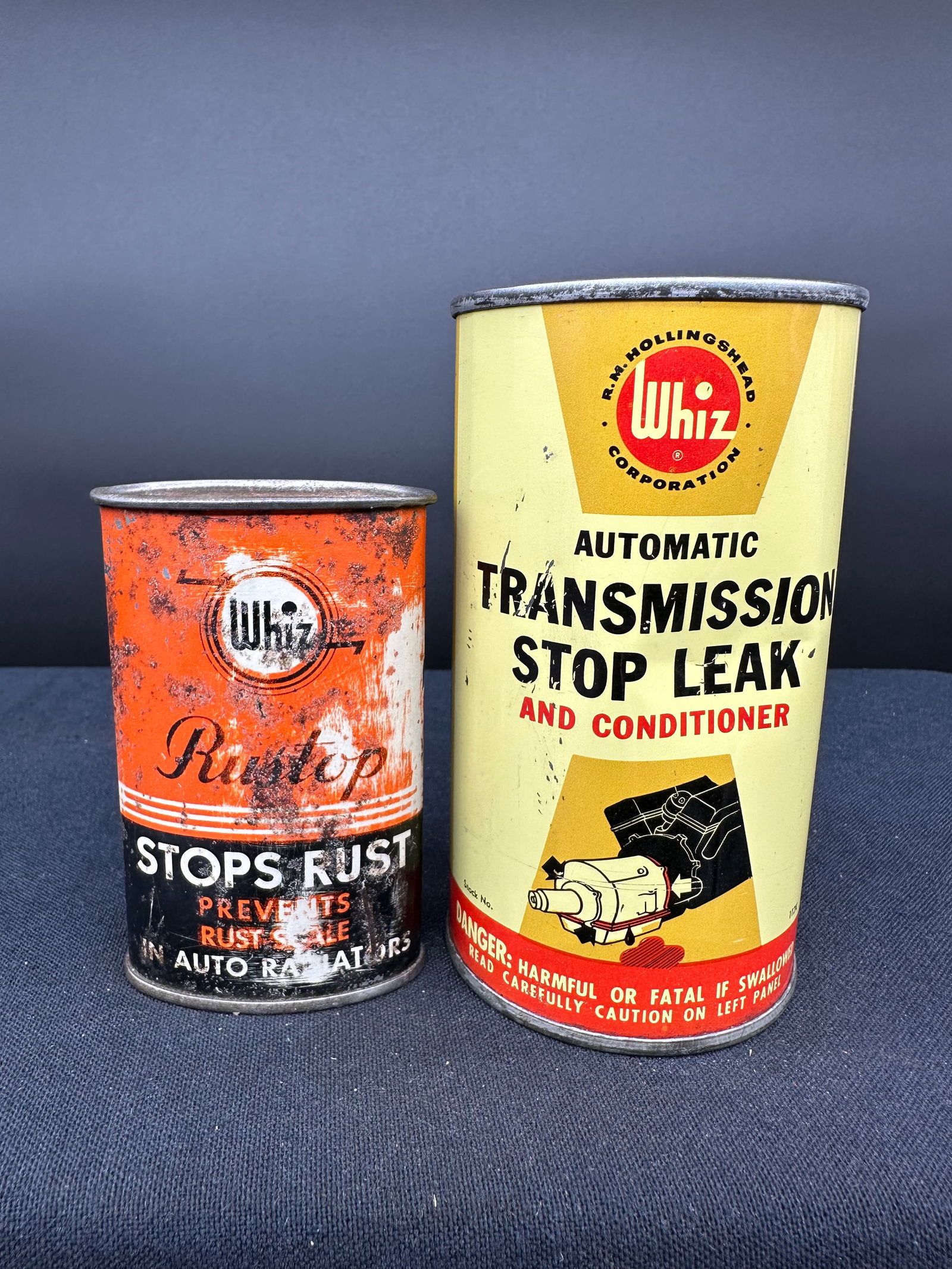 LOT OF 2 WHIZ RUSTOP & STOP LEAK METAL AUTOMOTIVE CANS: Has some fading and wear to both cans