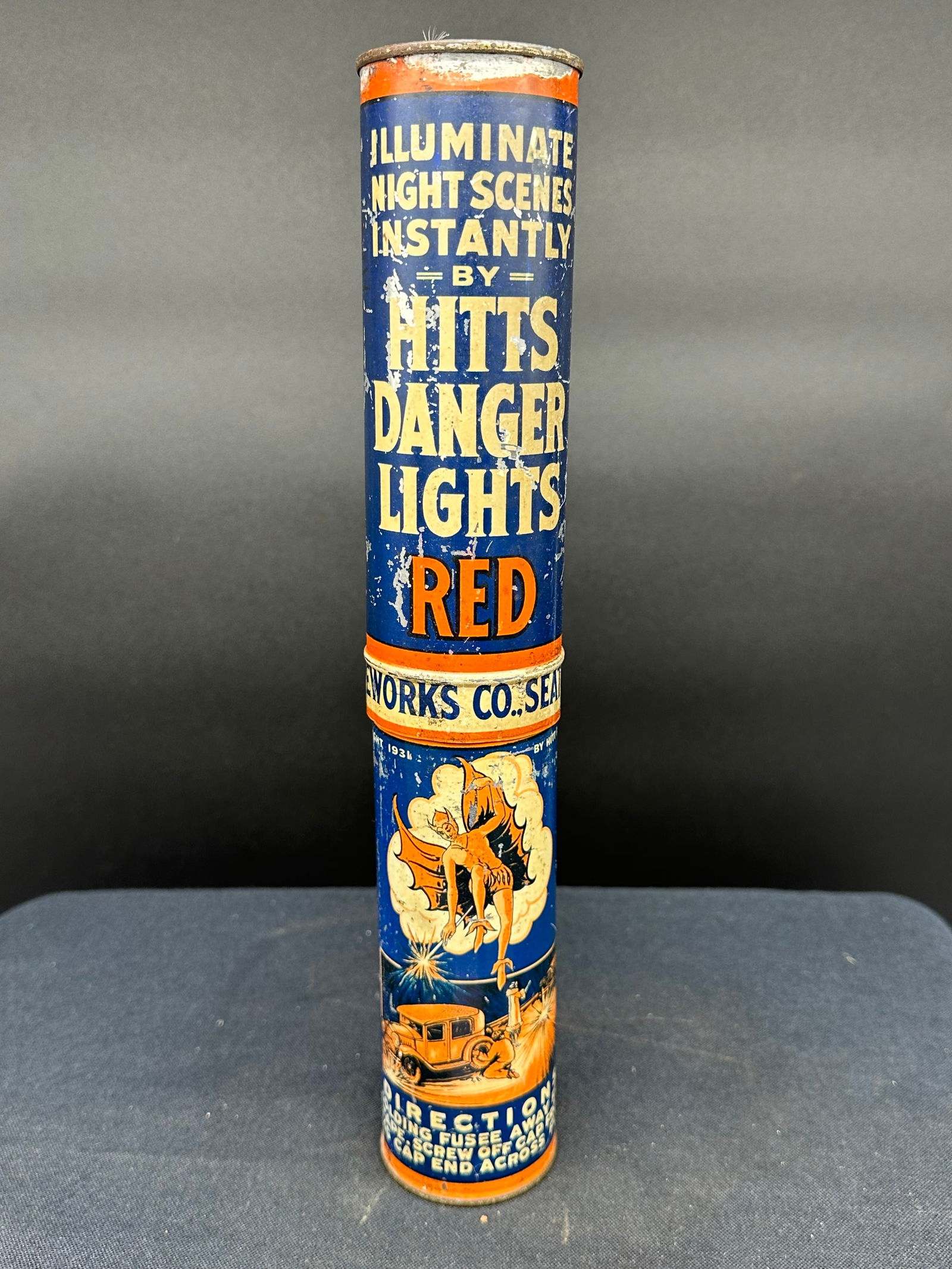 HITTS DANGER LIGHTS RED GRAPHIC FIREWORK CAN HITTS FIREWORK CO: Please see photos for condition.