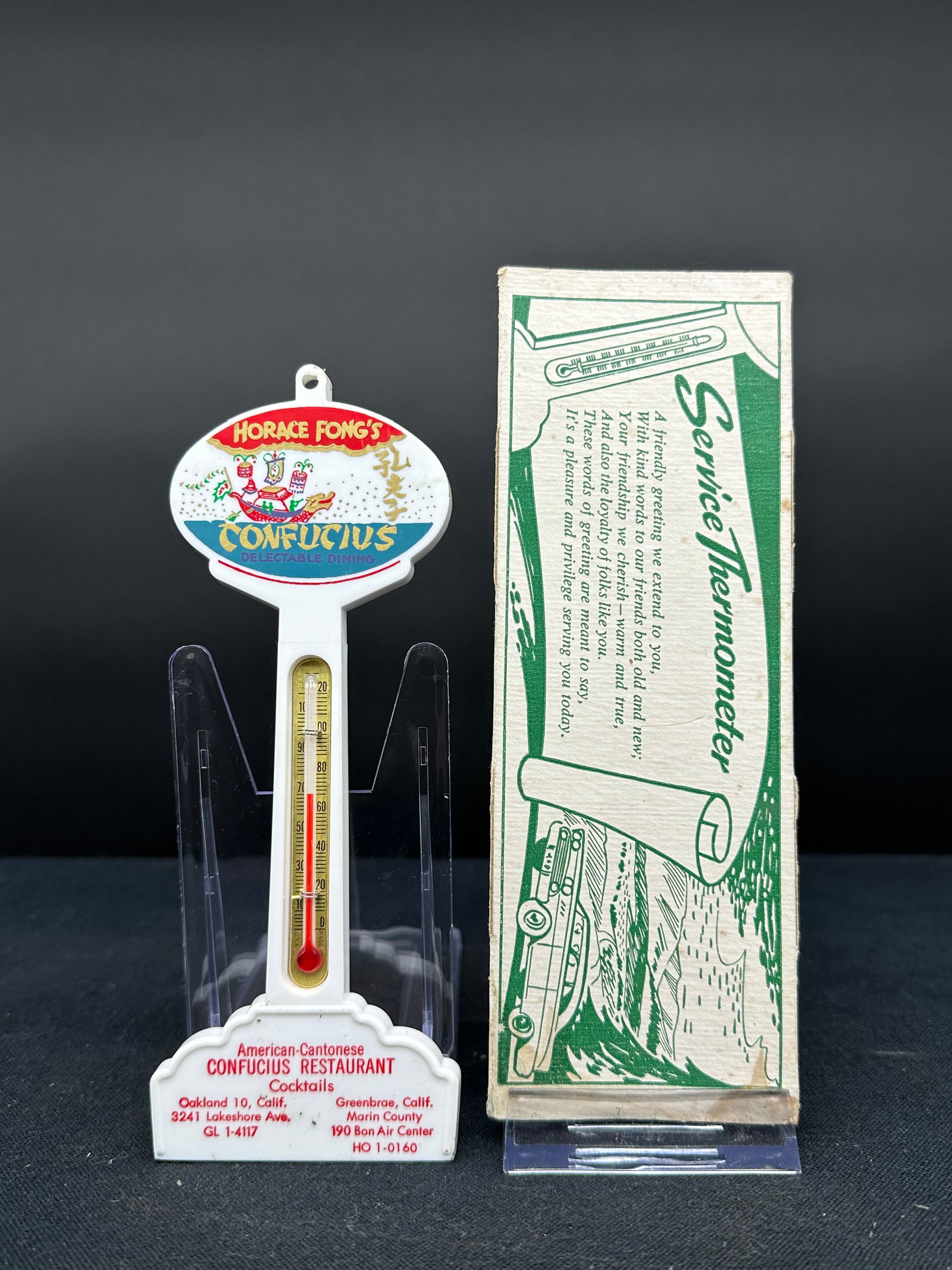 HORACE FONGS CONFUCIUS RESTAURANT PLASTIC POLE THERMOMETER NOS: See pictures for condition.