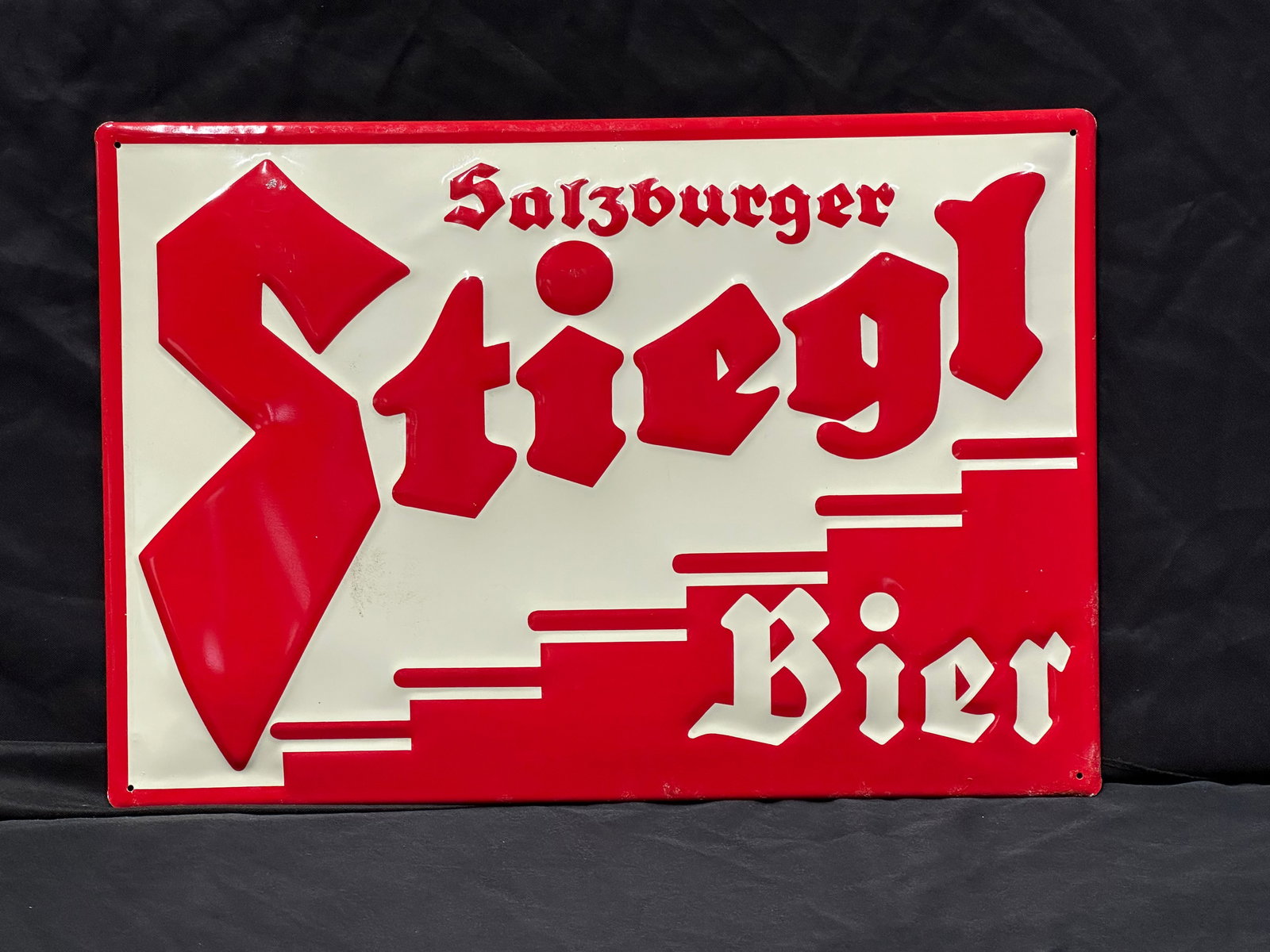 SALZBURGER STIEGL BEER EMBOSSED TIN SIGN (1 of 3)