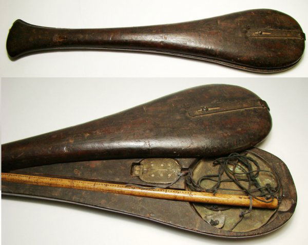 China, c. 19th century, an "violin" shaped scale: China, c. 19th century, a "violin" scale housed in wood case. When lid swings open the scale with wood beam and brass counter weight are revealed. A large and complete example. From an old San Diego C