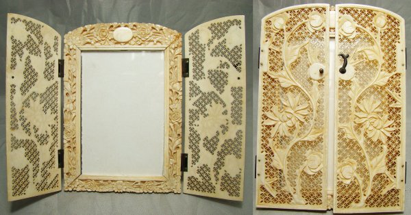 China, Qing Dyn., a delicate ivory picture frame: China, Qing Dynasty, early 1900's. Chinese ivory picture frame. Flowers flowing up intricate and delicate lattice screen. Ivory leg swings out on back side to allow the frame to tilt backwards at the 