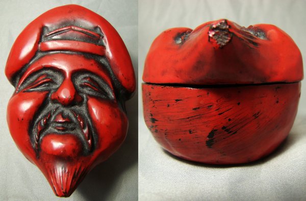 Japan, Meiji period, c. 1870. Kogo Daikoku box: Japan, Meiji period, c. 1870. Kogo Daikoku, a small and finely crafted small lacquer box with the lid shaped as Daikoku's face, and layered in negoro red lacquer. Well detailed and in choice condition