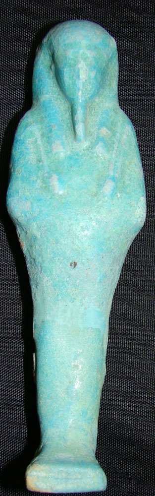 Egypt, Late Period, blue glazed faience ushabti: Egypt, Late Period, 26th - 30th Dynasty, 664 - 343 BC. a light blue glazed faience ushabti. Smooth and void of glyphs. Well detailed and in choice condition. H: 4.5". San Fernando Valley Collection.